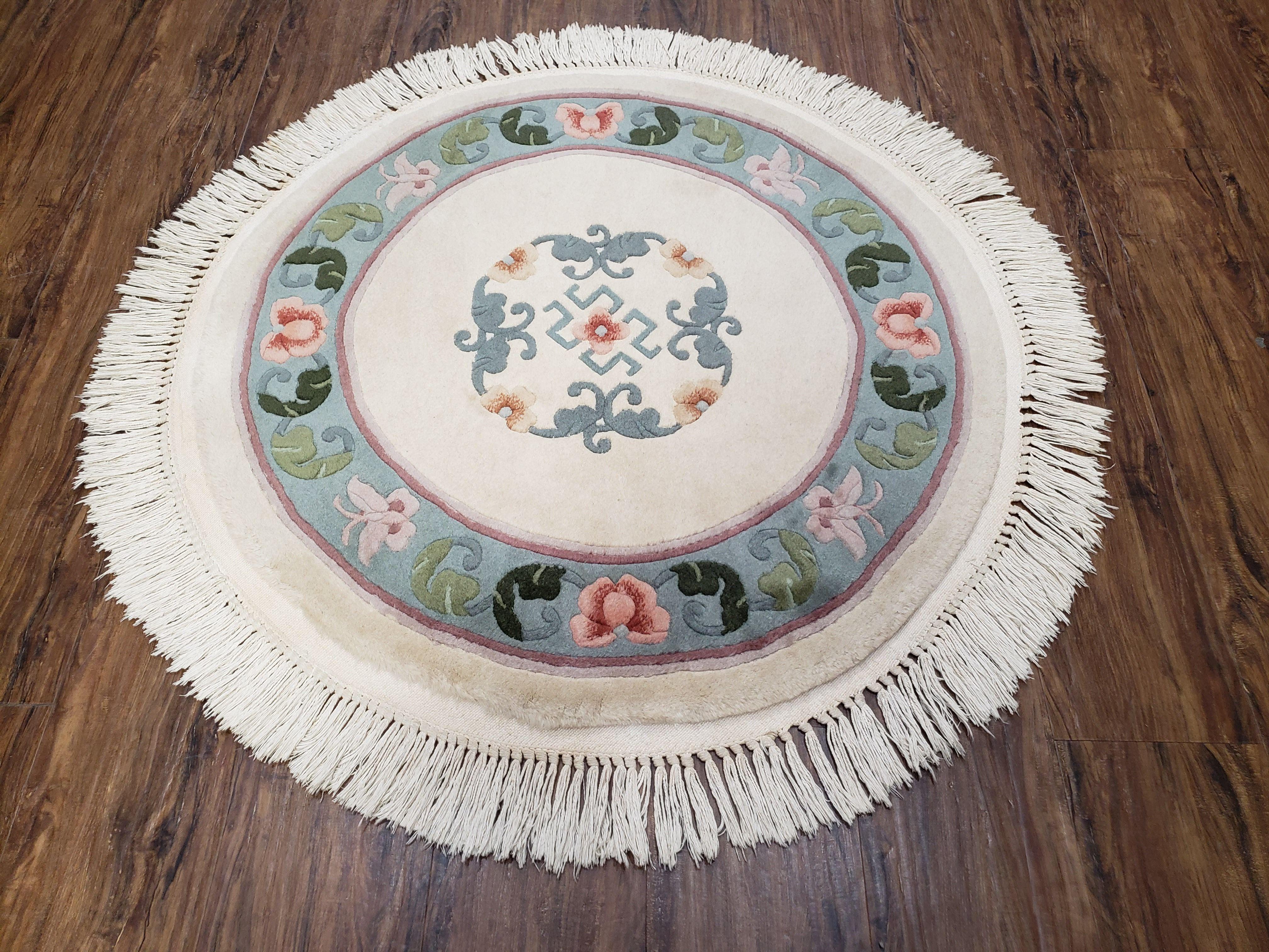 3' 2" Round Chinese Handmade Art Deco Wool Rug Ivory Teal - Jewel Rugs