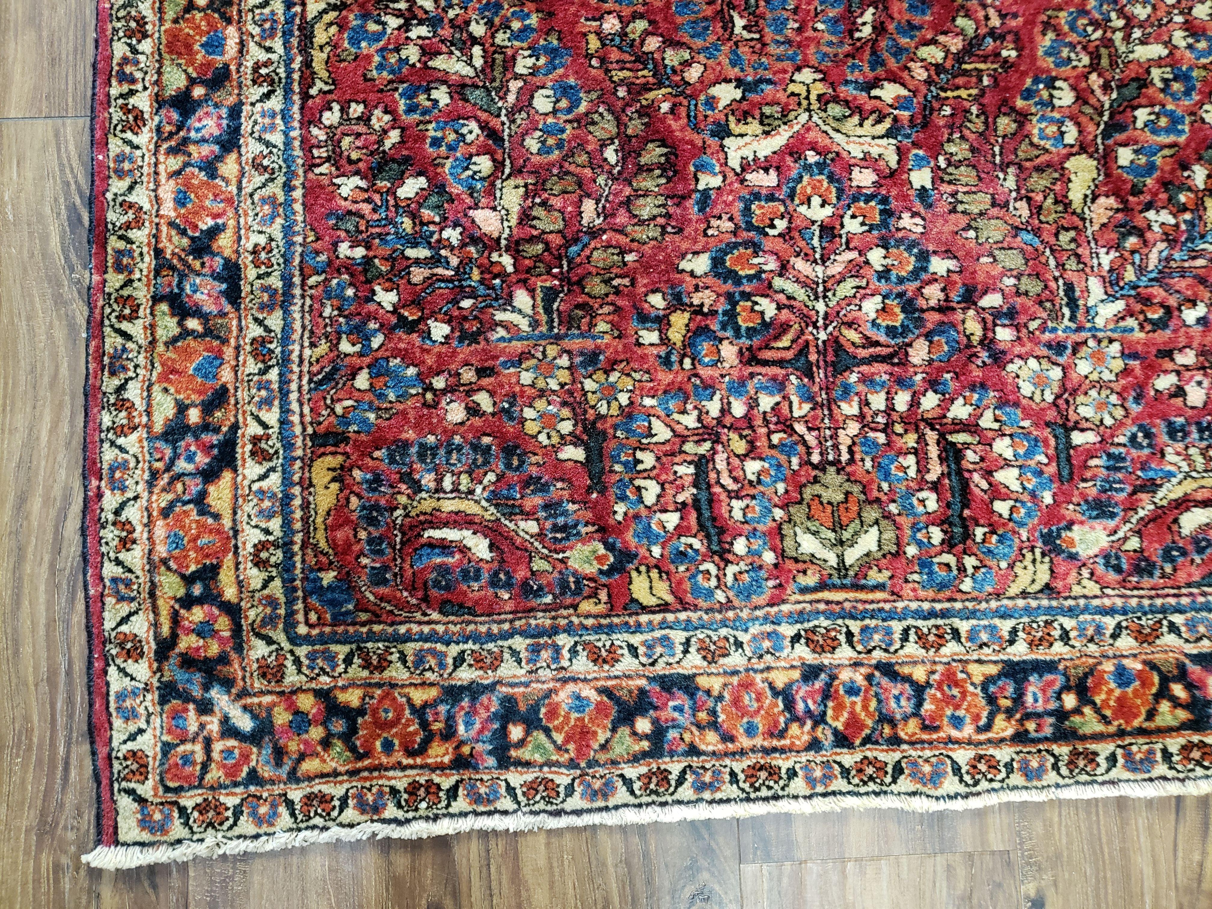 Antique Persian Sarouk Rug, Red, Allover Floral Pattern, Hand-Knotted, Wool, 3'4" x 4'10" - Jewel Rugs