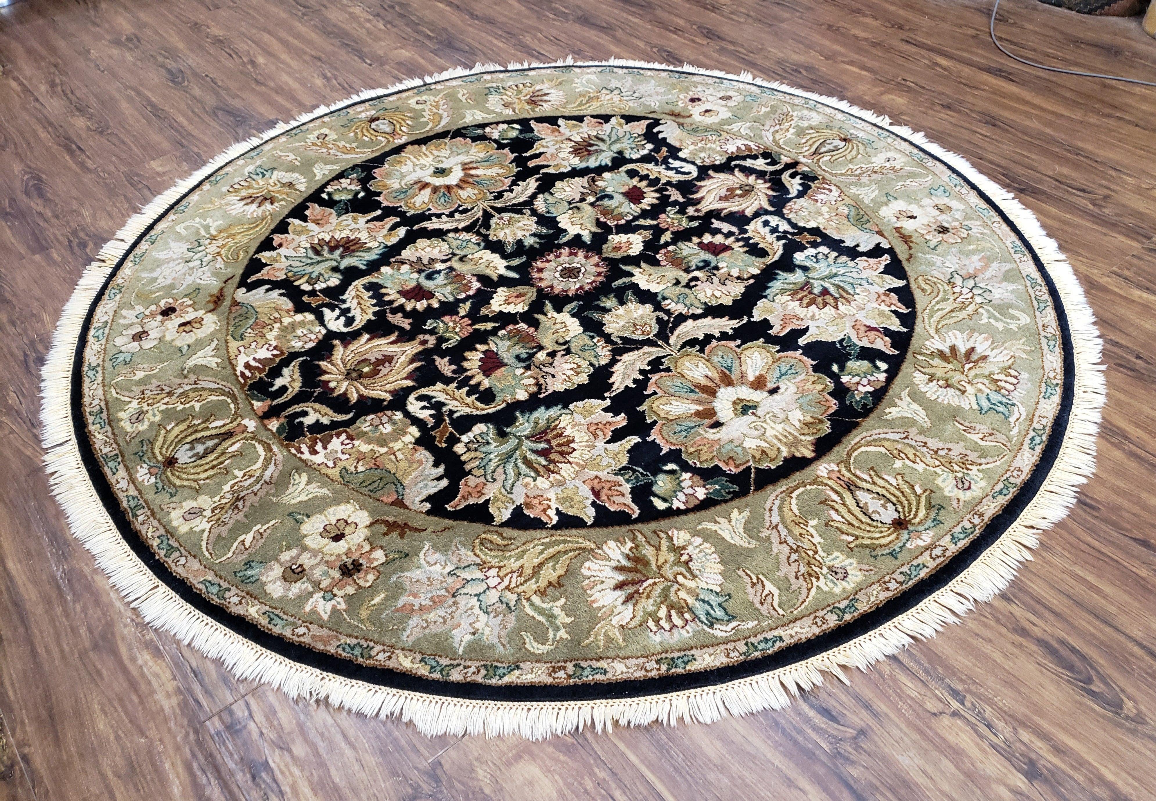 Round Indo Mahal Rug, 6ft Round Rug, Round Oriental Carpet, Black Circular Rug, Handmade Hand Knotted, Large Flowers, 6x6 Round Wool Rug - Jewel Rugs