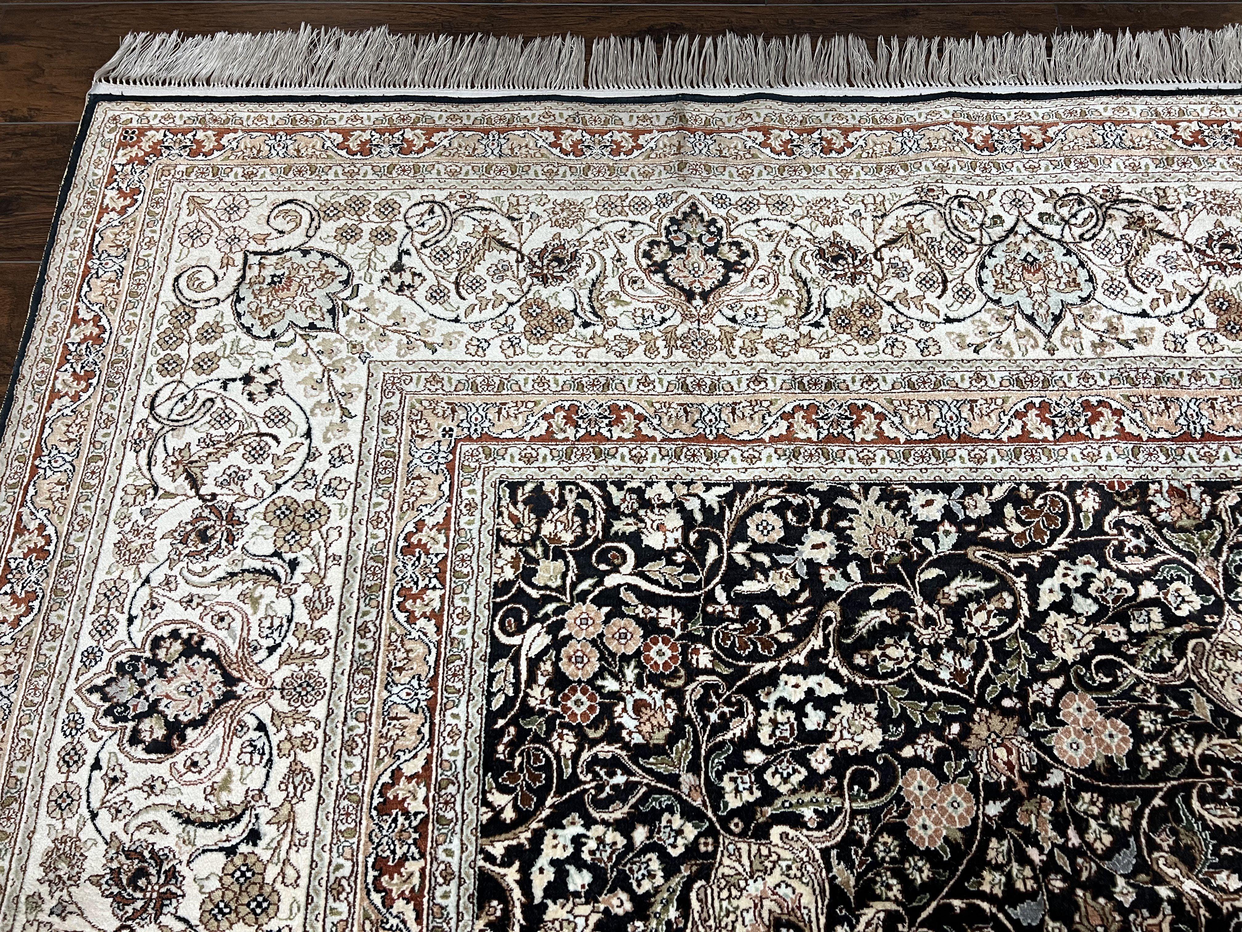 Top Quality Silk Sino Persian Rug 9x12, Highly Detailed Persian Carpet, Center Medallion Floral Allover Black and Ivory/Cream Room Sized Wow - Jewel Rugs