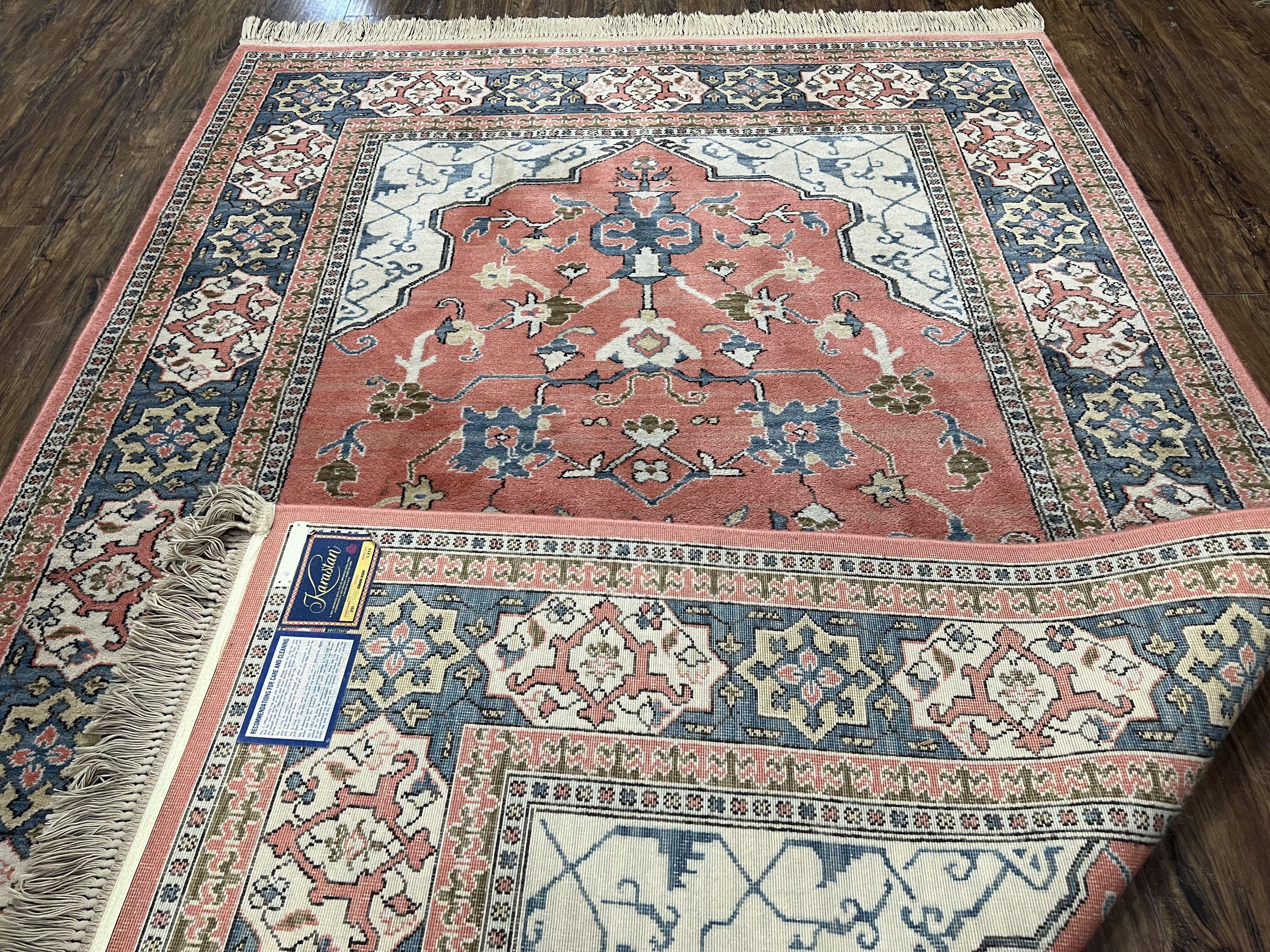 Karastan Rug 5.9 x 9 Bergama Design #737, Wool Karastan Area Rug, Vintage Carpet 6x9, Original Collection 700 Series, Salmon Red Light Blue - Jewel Rugs