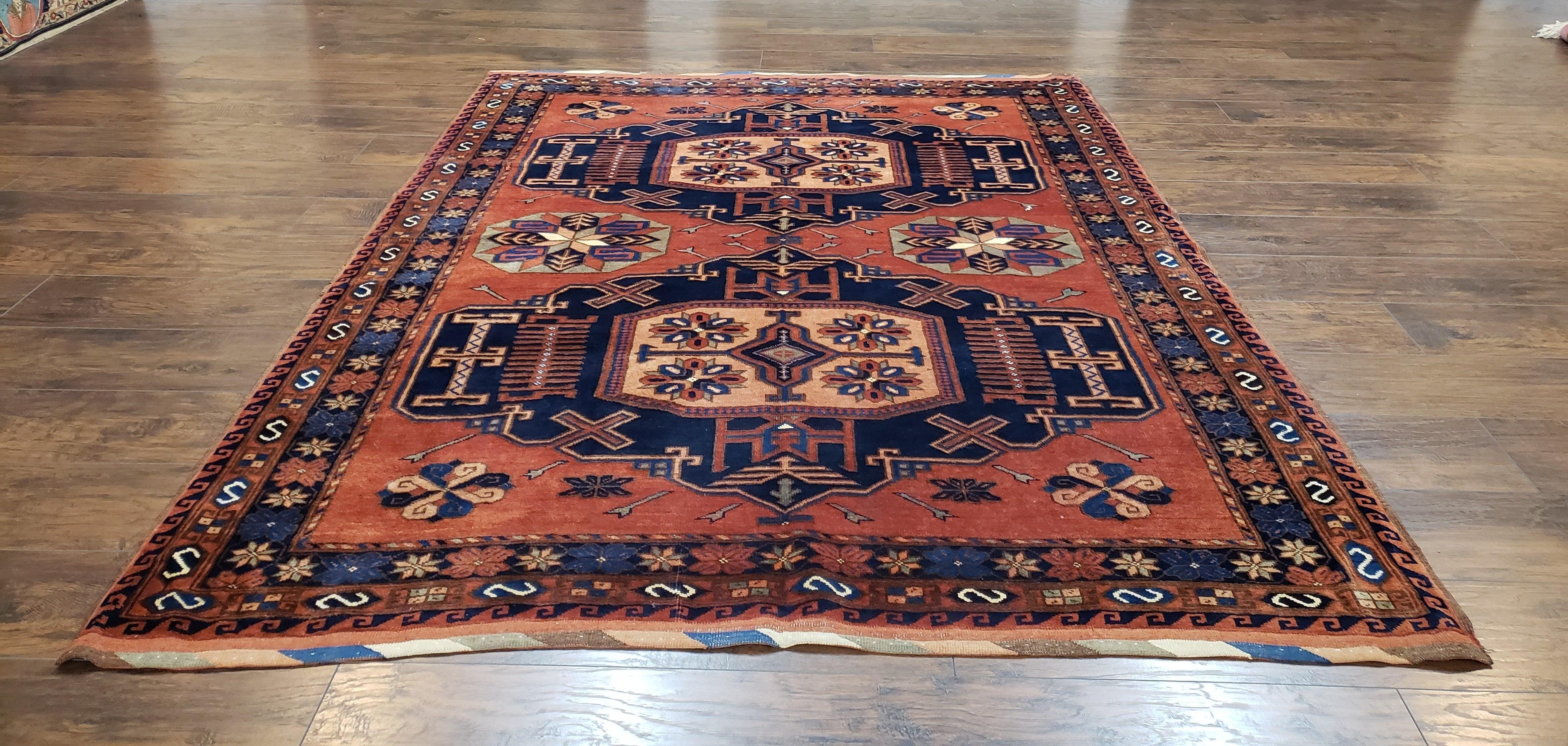 Vintage Afghan Bashir Area Rug 5x7 - 6x8, Wool Hand-Knotted Handmade Red & Navy Blue Tribal Antique Boho Carpet, Foyer Room Rug, Medallions - Jewel Rugs