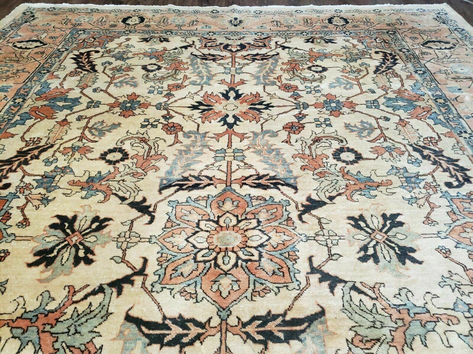 9' X 12' Hand Knotted Indian Agra Wool Rug Vegetable Dyes Handmade Beige Ivory - Jewel Rugs