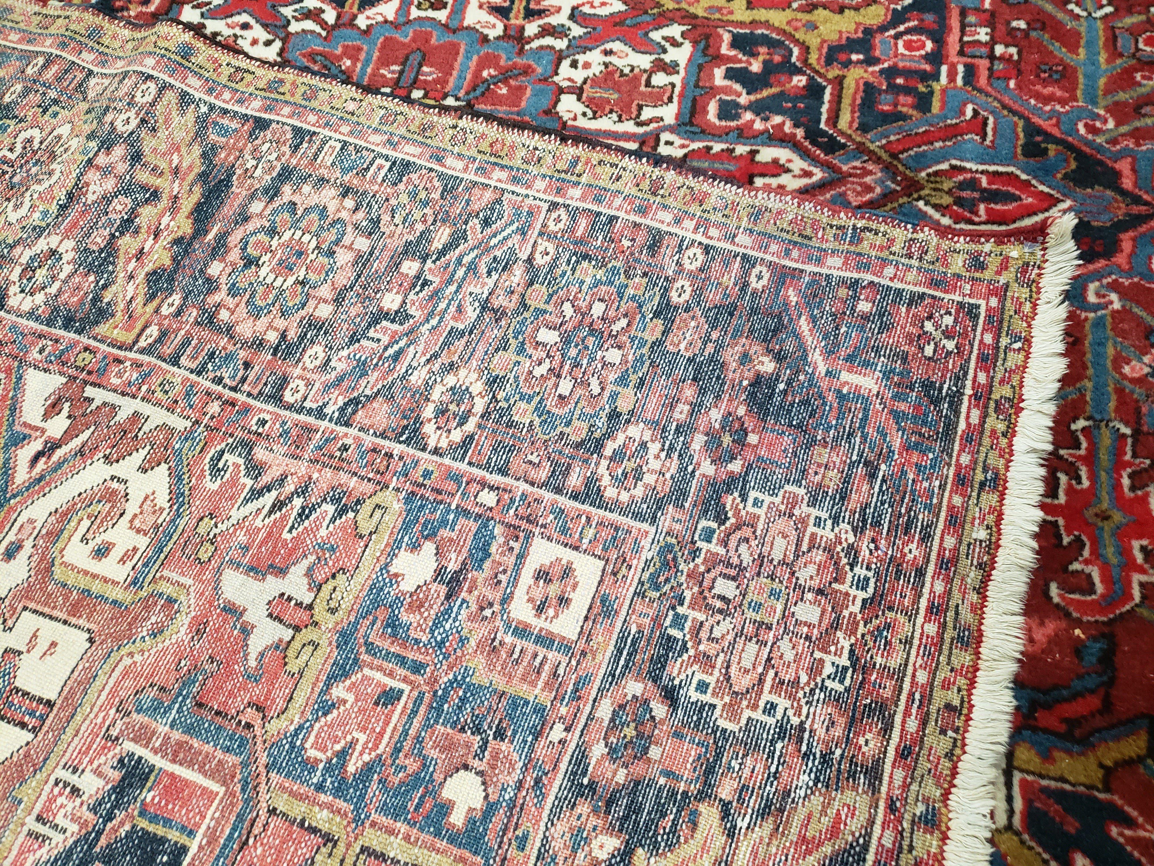 Antique Persian Heriz Rug, Red Dark Blue and Ivory, Wool, Hand-Knotted, Decorative, Tribal, 8' 4" x 11' 3" - Jewel Rugs