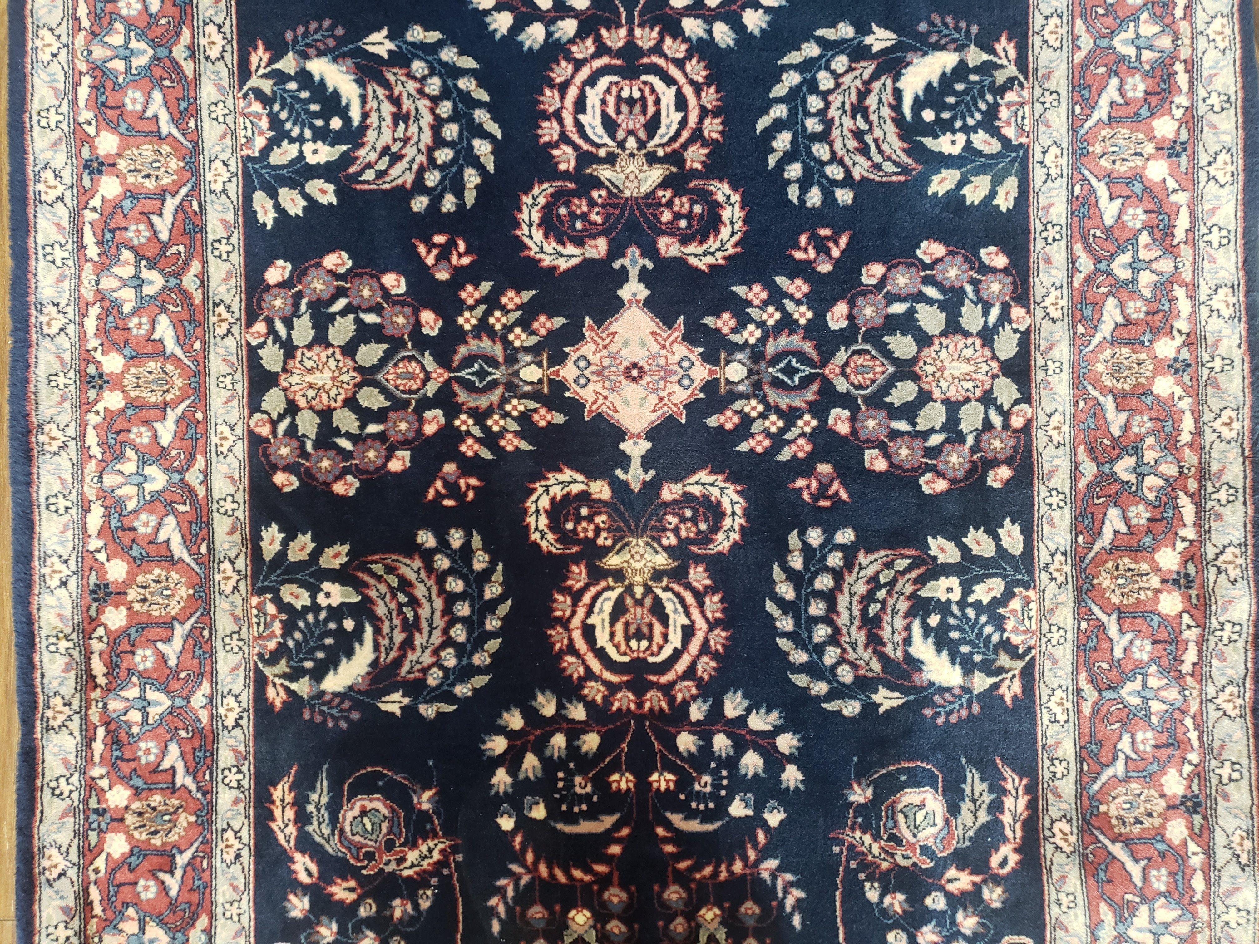 Dark Blue Indo Persian Rug, Medium Size Hand Knotted Oriental Carpet, Traditional Floral Indian Rug, Blue and Red Rug, Entryway Rug Wool Rug - Jewel Rugs