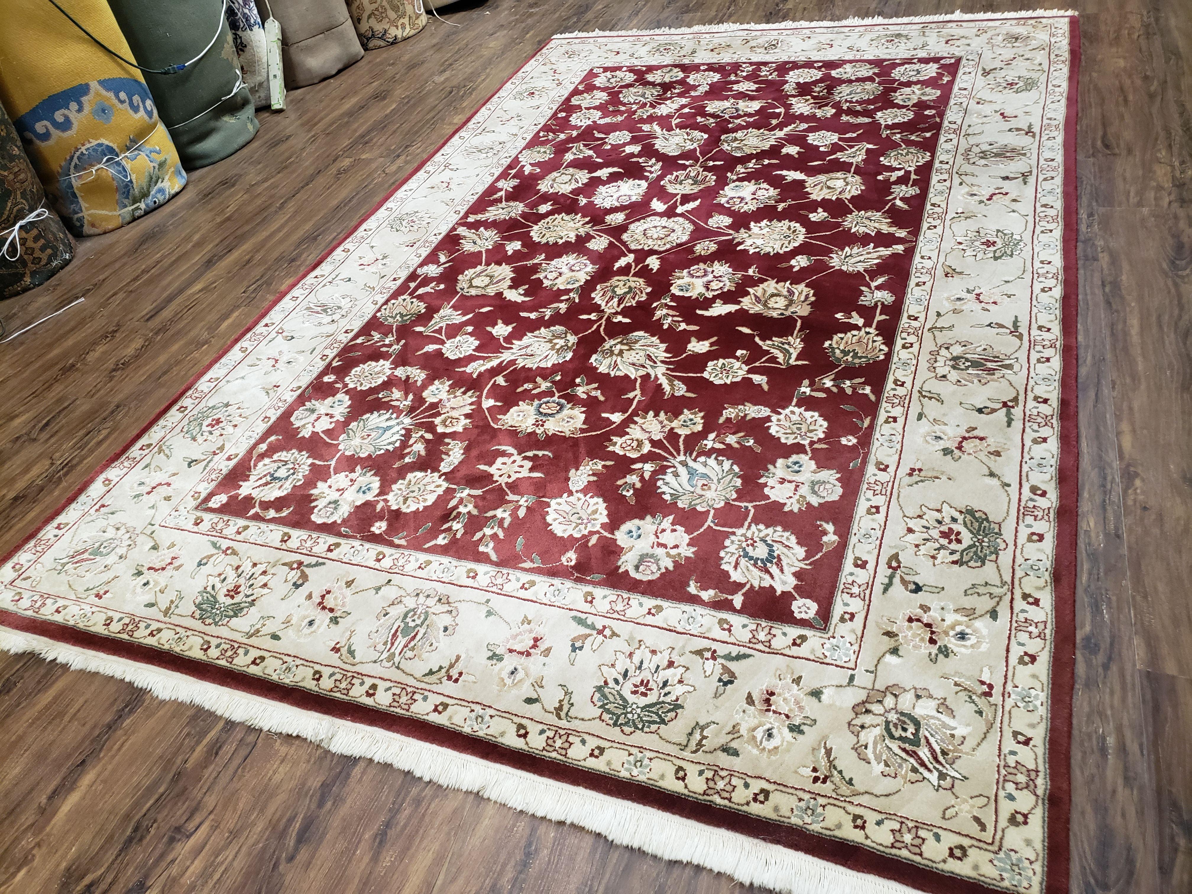 Vintage Traditional Oriental Area Rug, Hand-Knotted, Wool & Silk Accents, Maroon Red and Beige, 6x9 Carpet, 5' 9" x 9' - Jewel Rugs