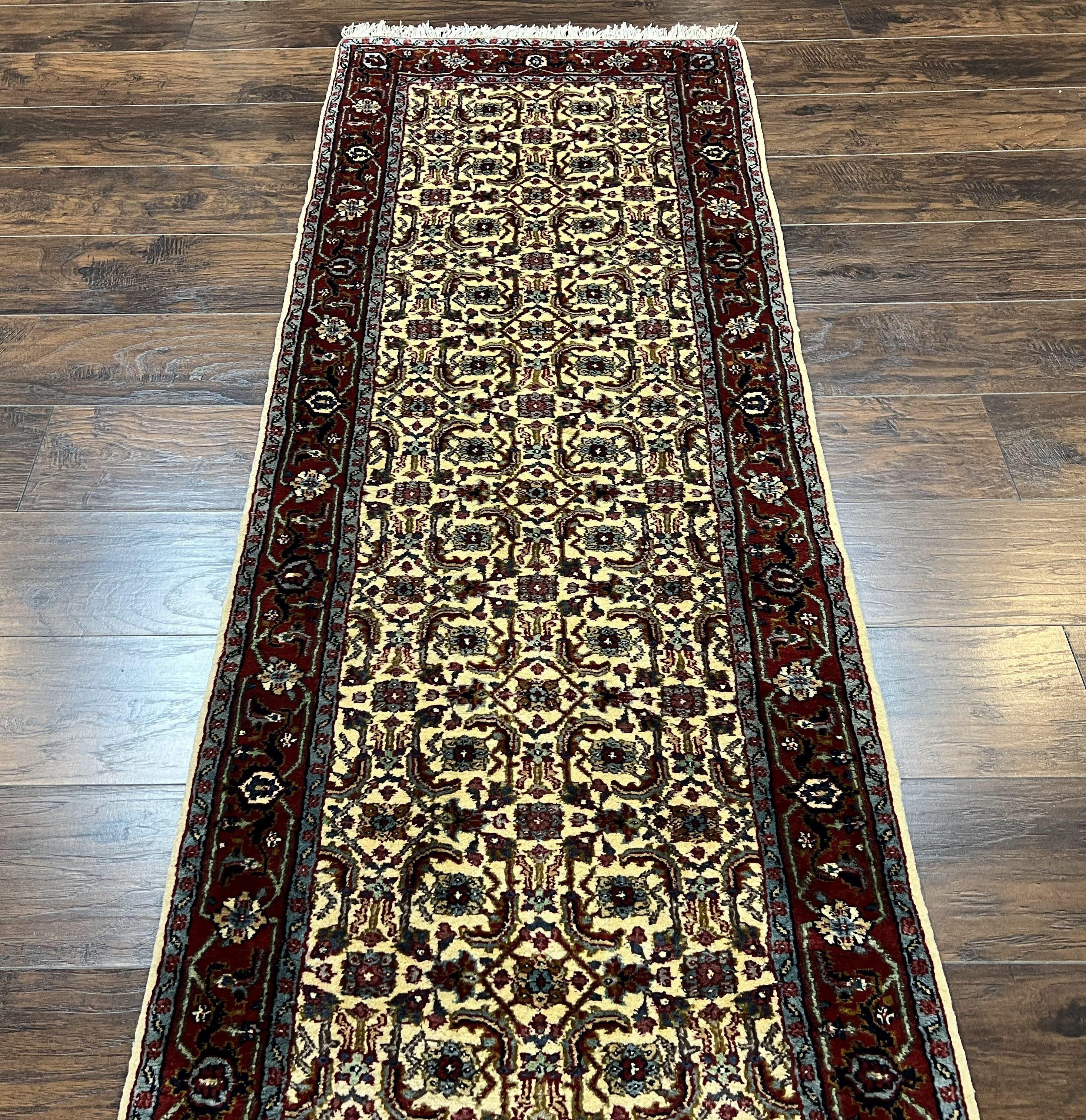 Indo Persian Runner Rug 2.6 x 8.4, Allover Herati Design Cream and Maroon, Vintage Wool Hand Knotted Handmade Indian Runner Rug, Hallway Rug - Jewel Rugs