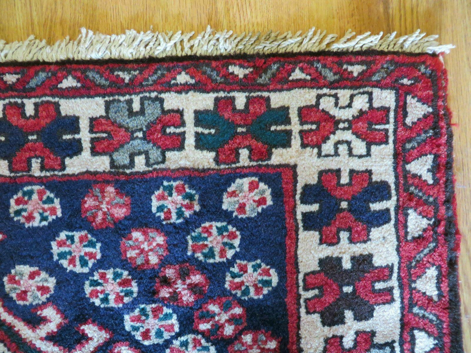 Persian Tribal Runner Rug 3.5 x 10.7, Persian Karajeh Heriz Rug, Hand Knotted Antique Wool Vegetable Dyed Hallway Runner, Navy Blue Red Off White, Geometric Medallions - Jewel Rugs