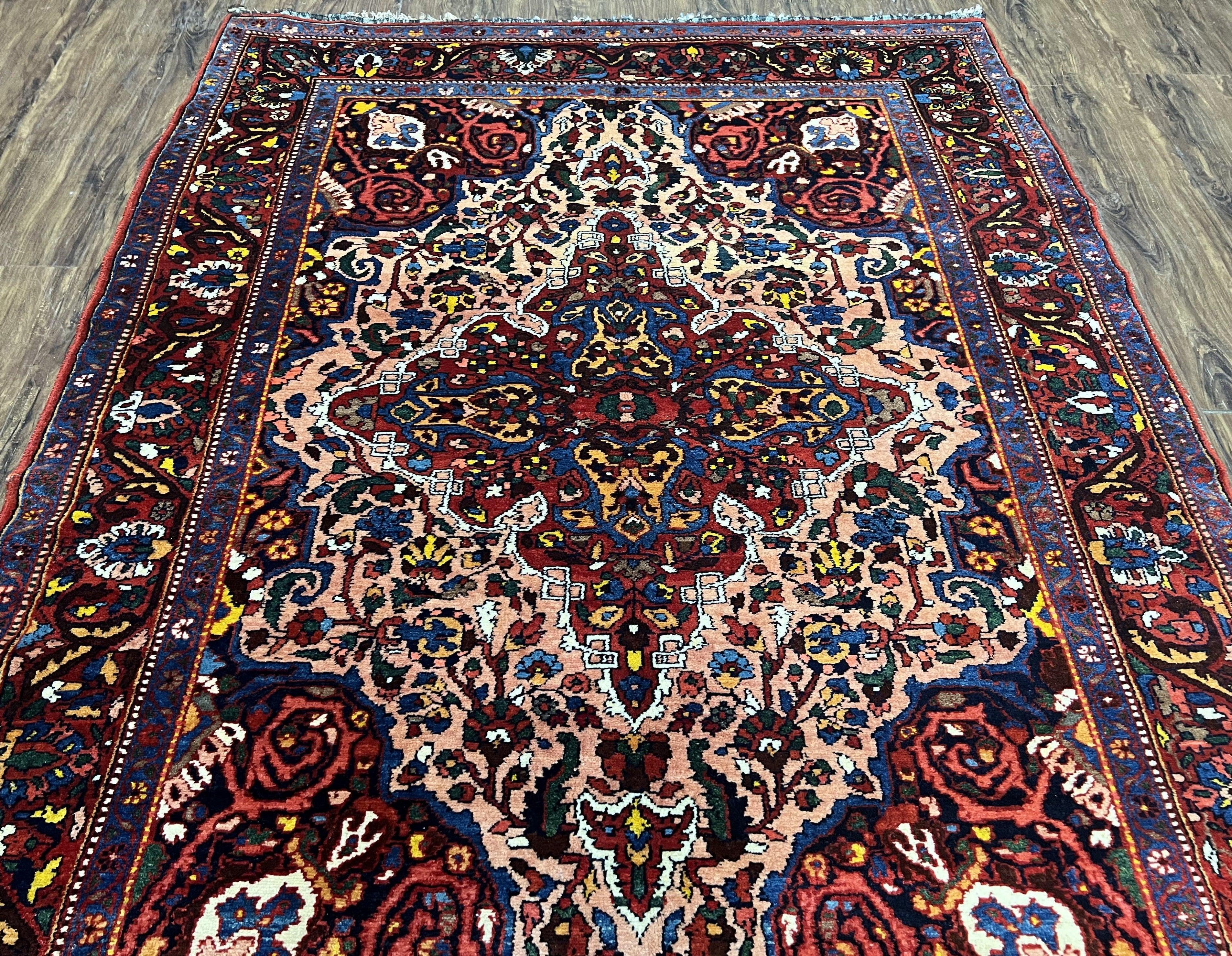 Antique Persian Bakhtiari Rug 5x6 ft, Village Rug, Vegetable Dyed, Red Midnight Blue Gold Tan, Hand Knotted Wool Carpet, Floral Medallion - Jewel Rugs