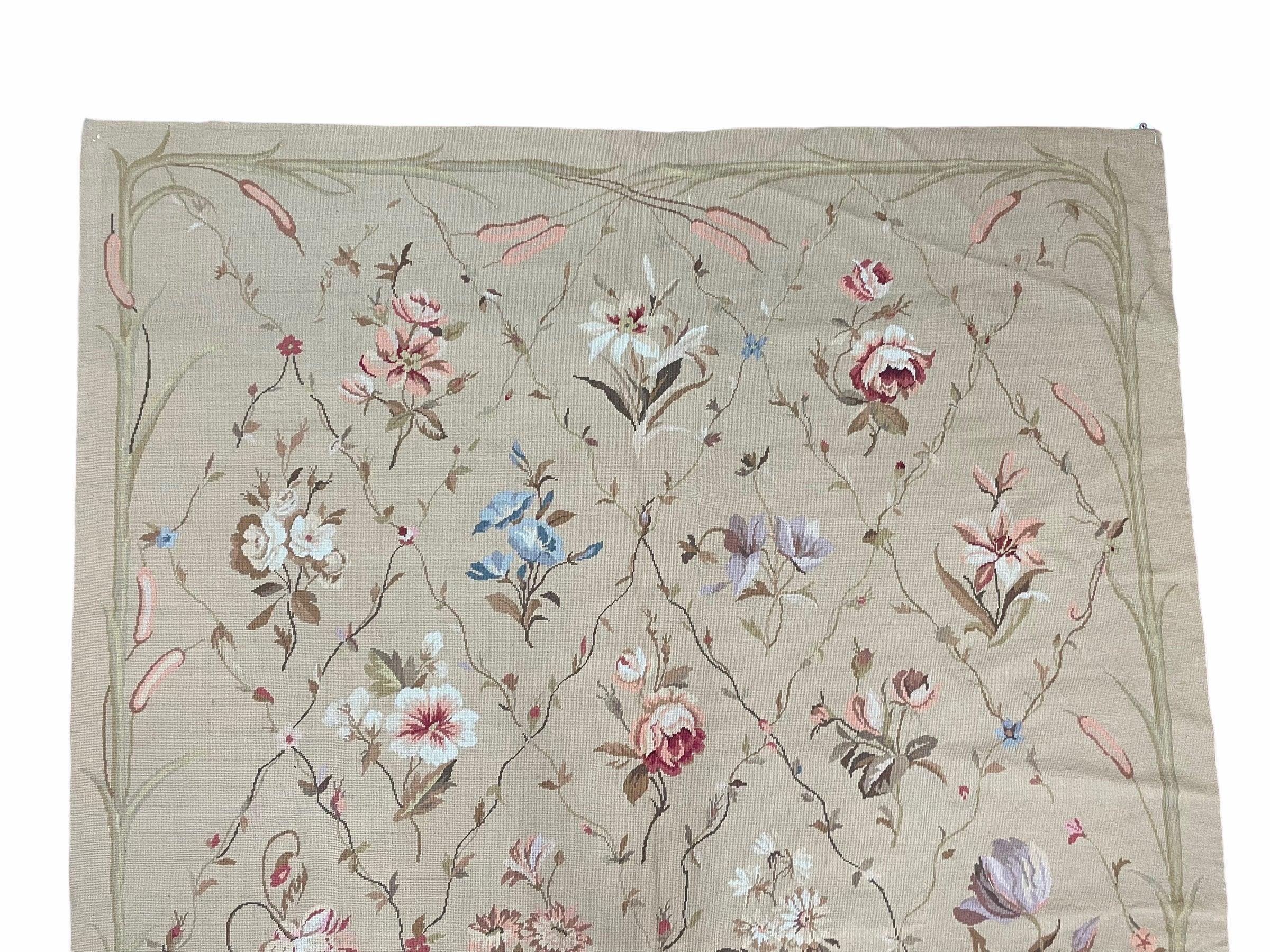 Beige Needlepoint Rug 6x9, Flatweave Aubusson Carpet, Flowers, Pretty, Hand-Knotted, French European Design, Wool, Handmade, New - Jewel Rugs