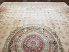 Large Vintage Chinese Aubusson Savonnerie Room Sized Rug 10x14, Wool Handmade Hand-Knotted 120 Line Living Room Dining Room Rug, Beige - Jewel Rugs