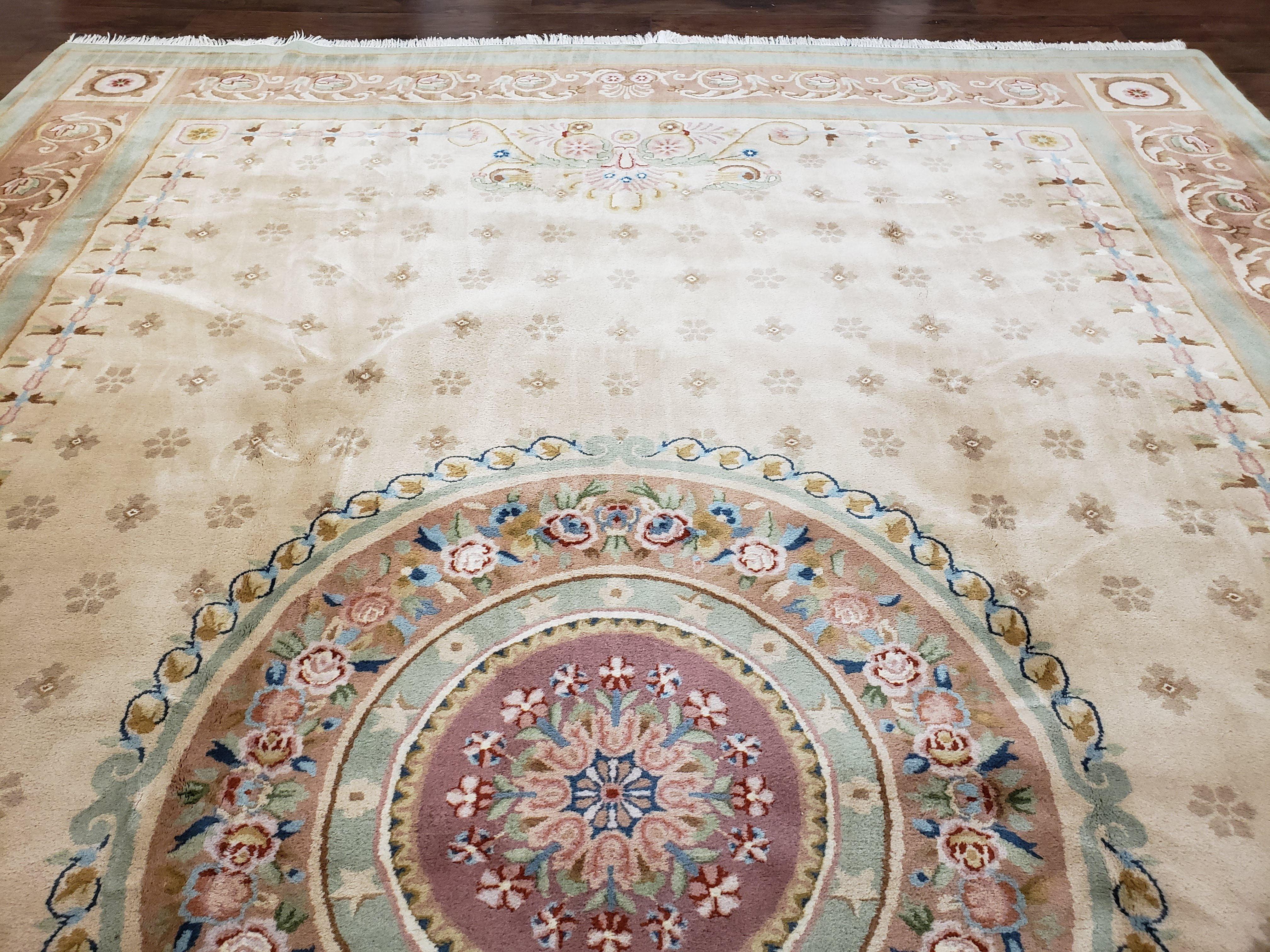 Large Vintage Chinese Aubusson Savonnerie Room Sized Rug 10x14, Wool Handmade Hand-Knotted 120 Line Living Room Dining Room Rug, Beige - Jewel Rugs