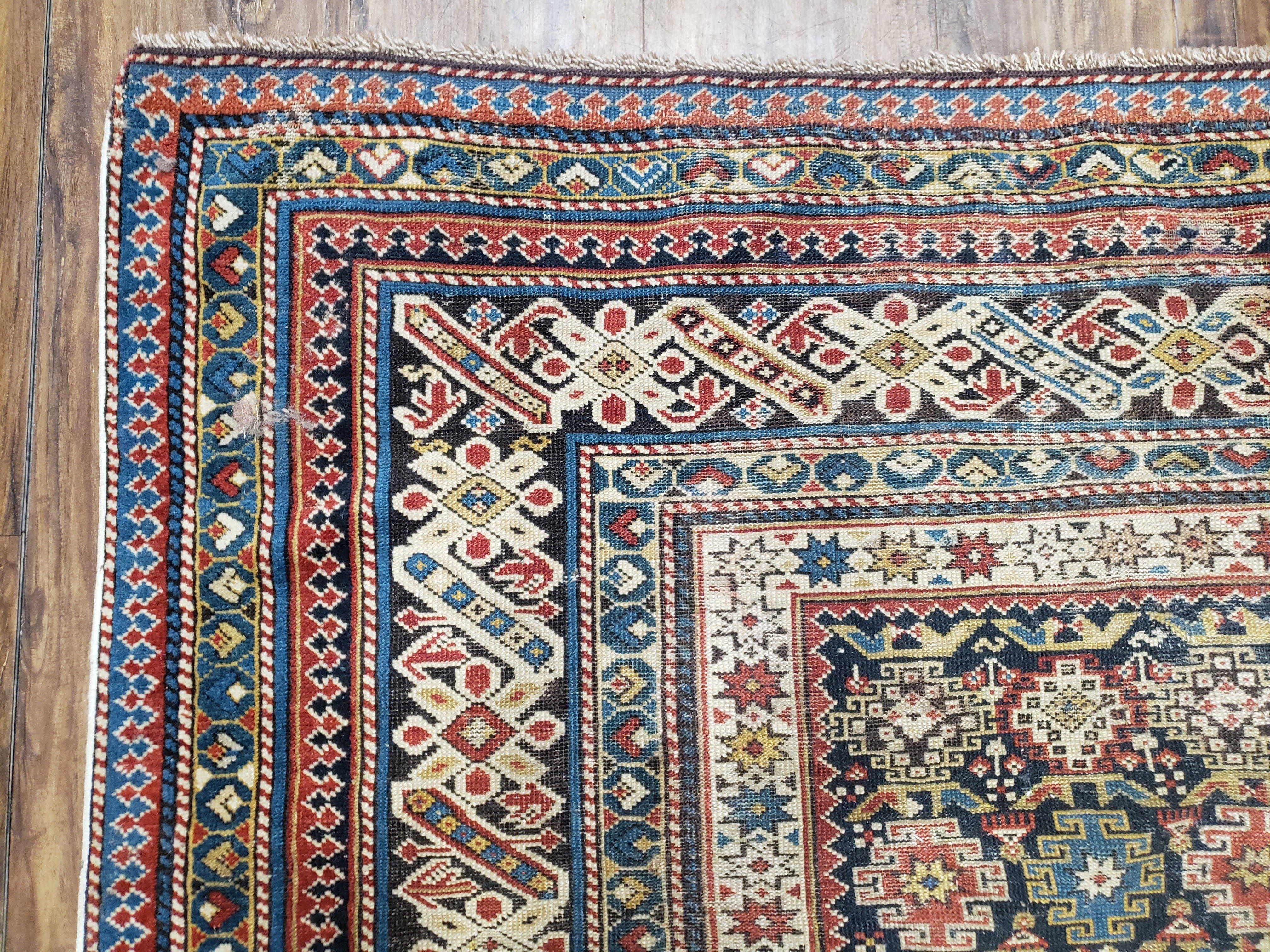 Caucasian Rug 3'9" x 5'7", Antique 1920s Collectible Caucasian Chi Chi Carpet, Hand Knotted, Colorful, Dark Blue Cream Red, Wool, Small Rug - Jewel Rugs