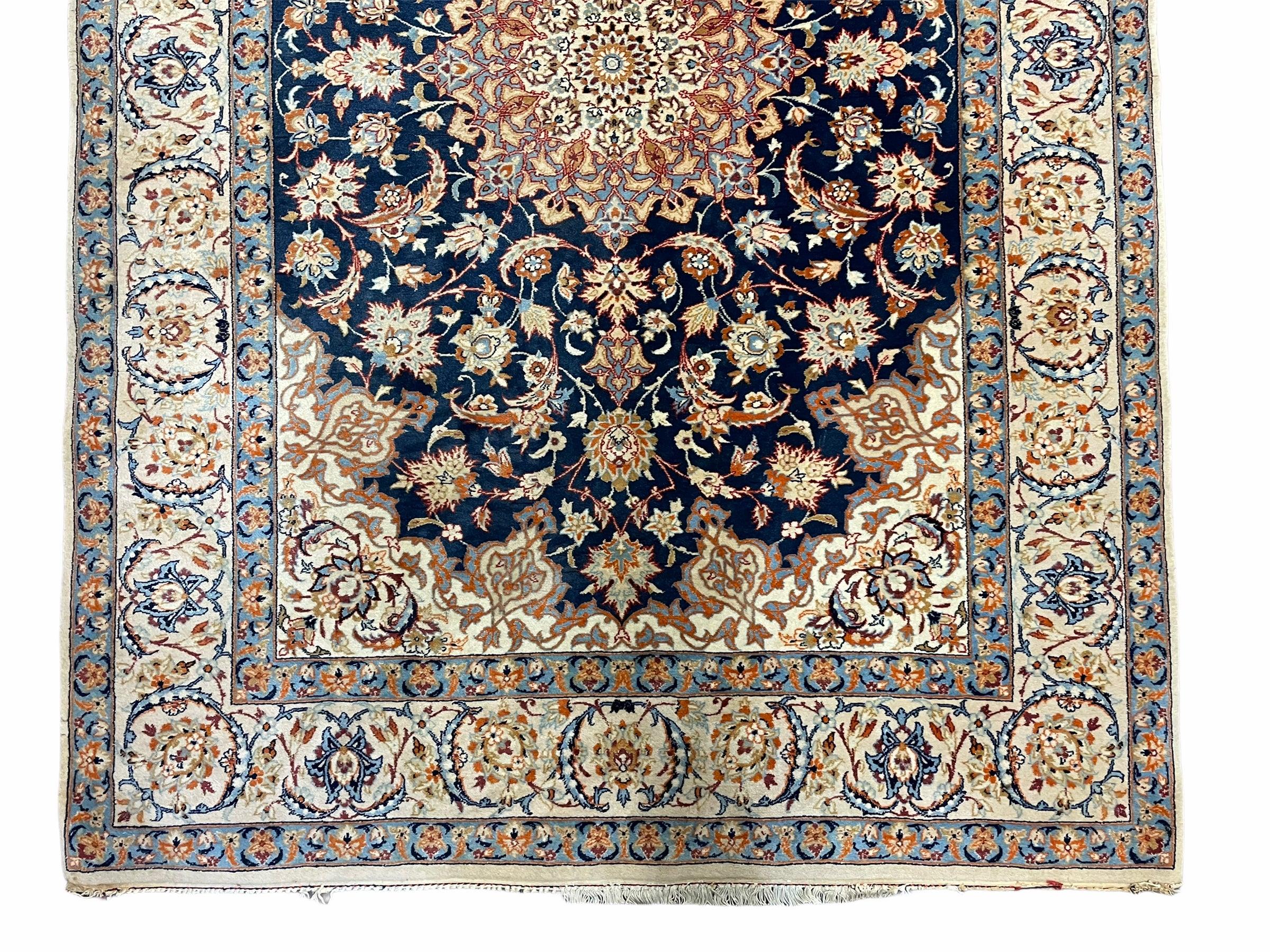 4x5 Ultra Fine Rug Handmade Rug Medallion Rug Floral Rug Beige Dark Blue Rug - Jewel Rugs