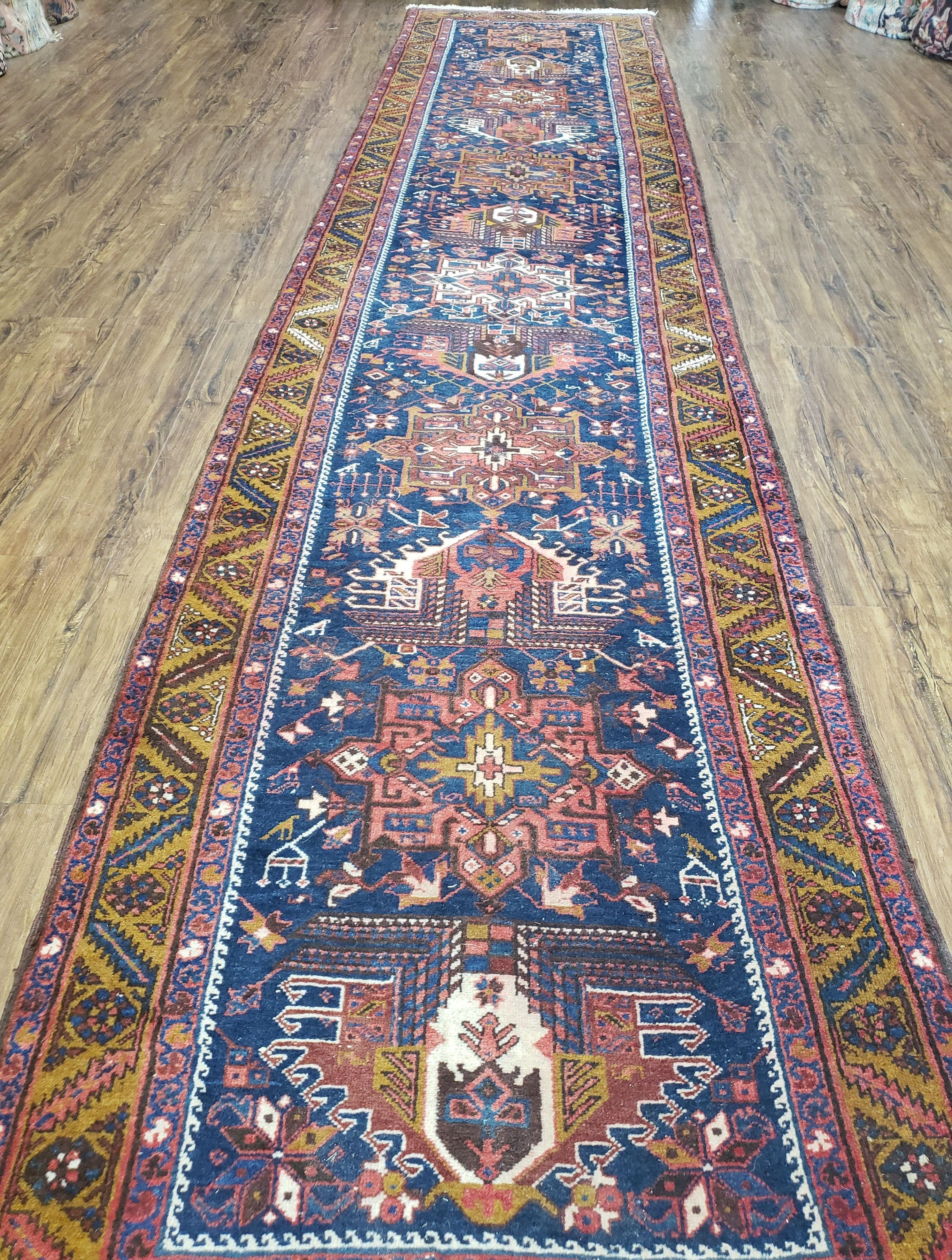 Antique Persian Karajeh Long Runner Rug, Dark Blue & Dark Orange, Hand-Knotted, Wool, 3'2" x 14'6" - Jewel Rugs