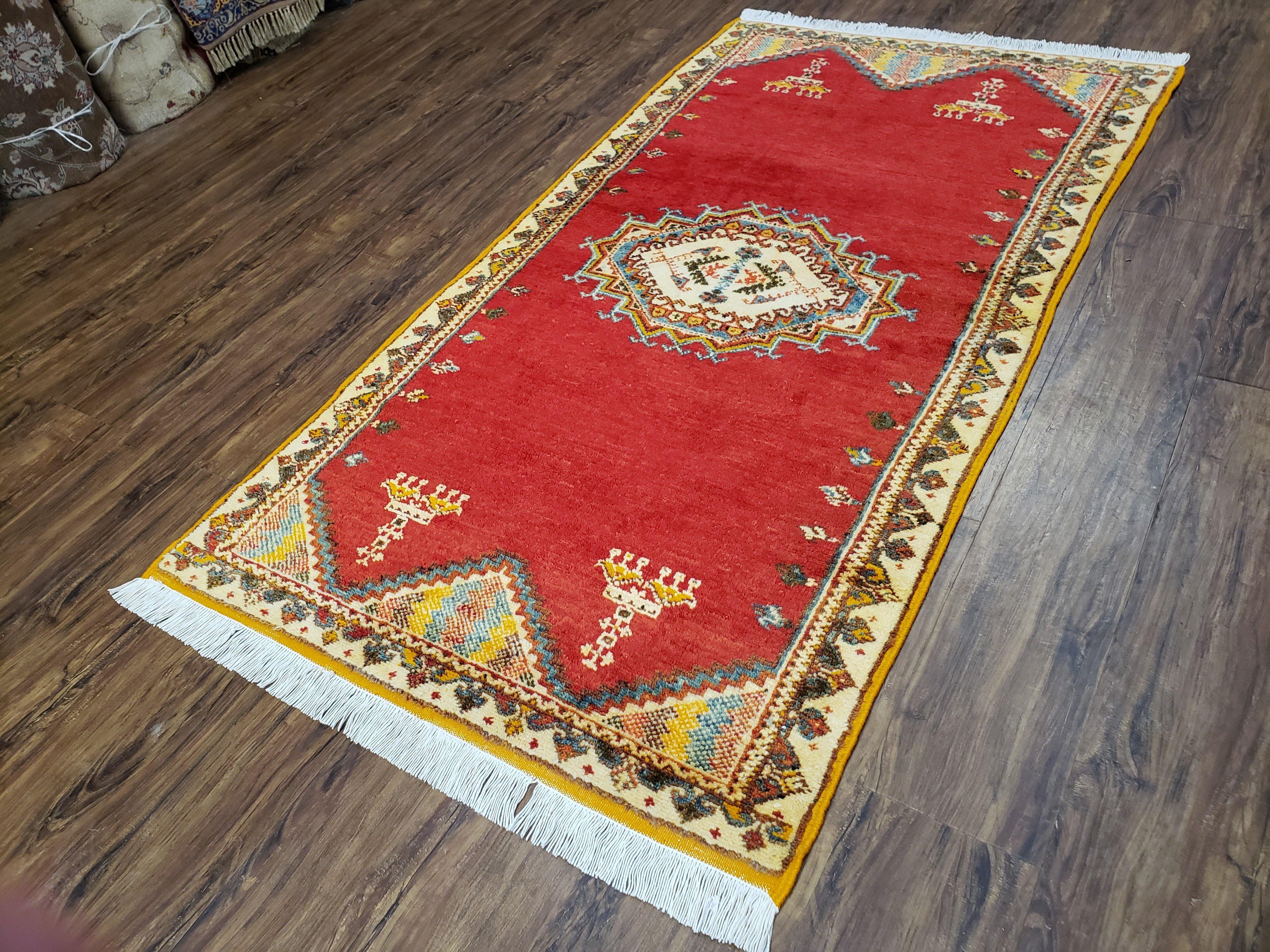 Vintage Moroccan Area Rug, Bright Red Hand-Knotted Wool Carpet, Medallion Area Rug, 4x6 Carpet, Office Room Rug, 3'4" x 6'4" - Jewel Rugs