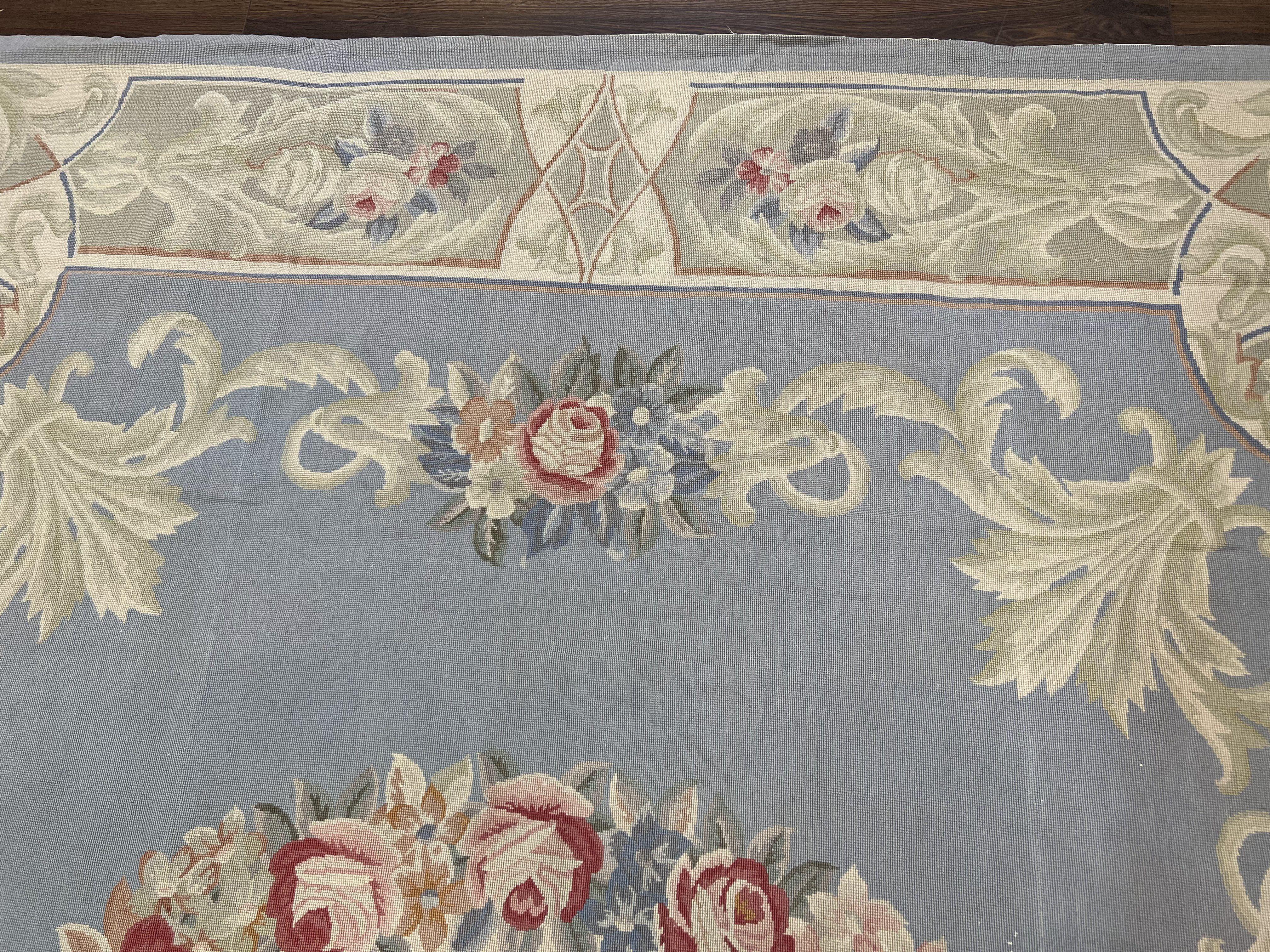 Aubusson Needlepoint Rug 8' 6" x 11' 6", Elegant French Aubusson Design Carpet, Vintage Savonnerie Flatpile Wool Floral Rug Light Blue Beige - Jewel Rugs