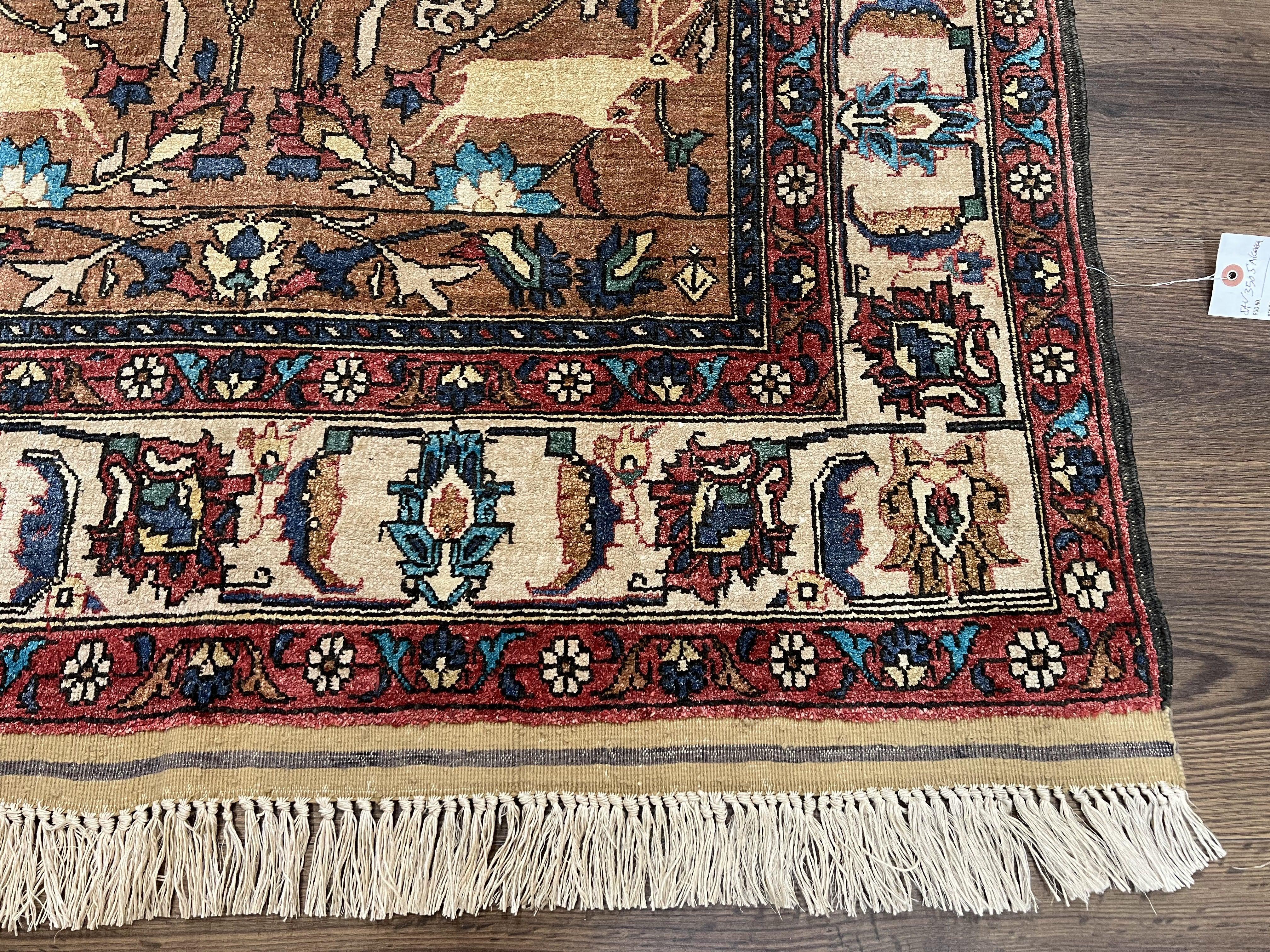 Unique Afghan Silk Rug 4x6, Hunting Pattern Animal Motifs, Light Brown and Cream, Persian Handwritten Poetry, Fine 1940s Oriental Carpet Wow - Jewel Rugs