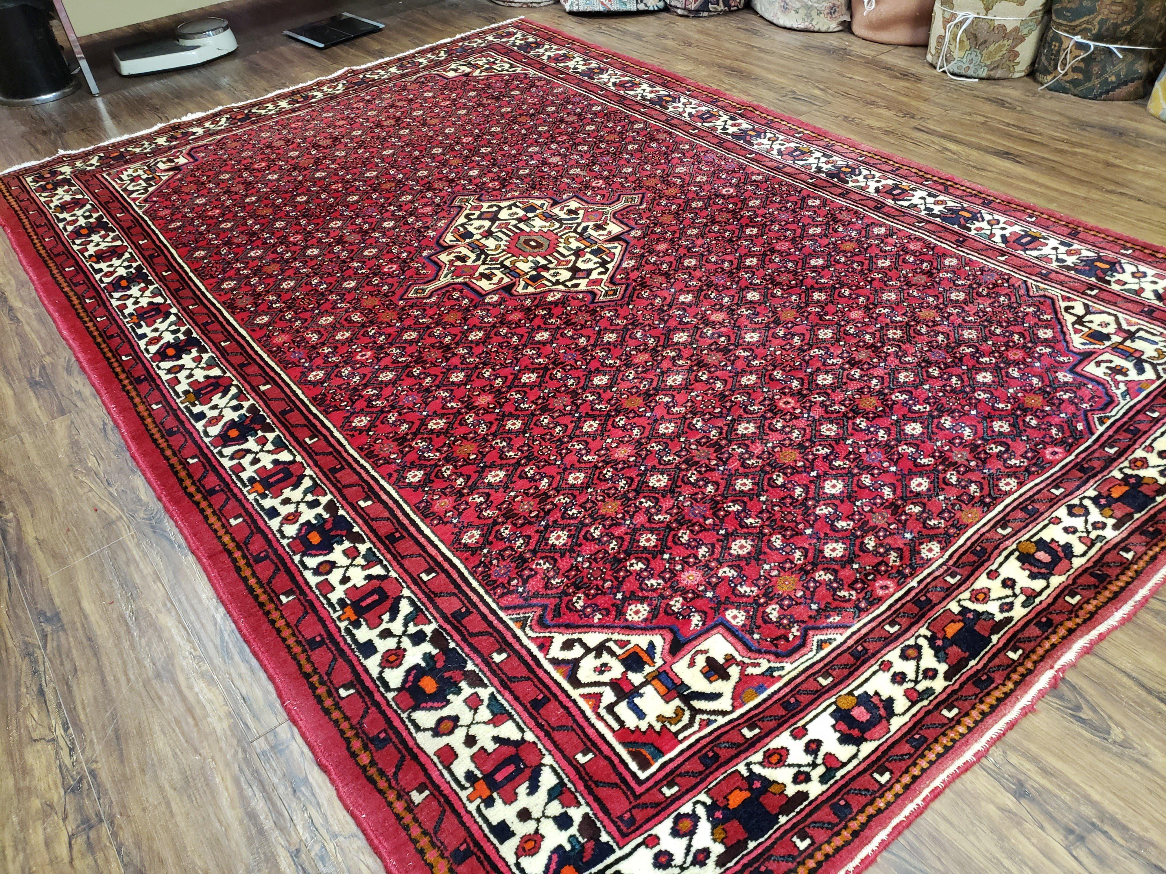 Vintage Persian Hamedan Rug, Angelas Mahi Pattern, Red, Wool, Hand-Knotted, 6'9" x 10' - Jewel Rugs