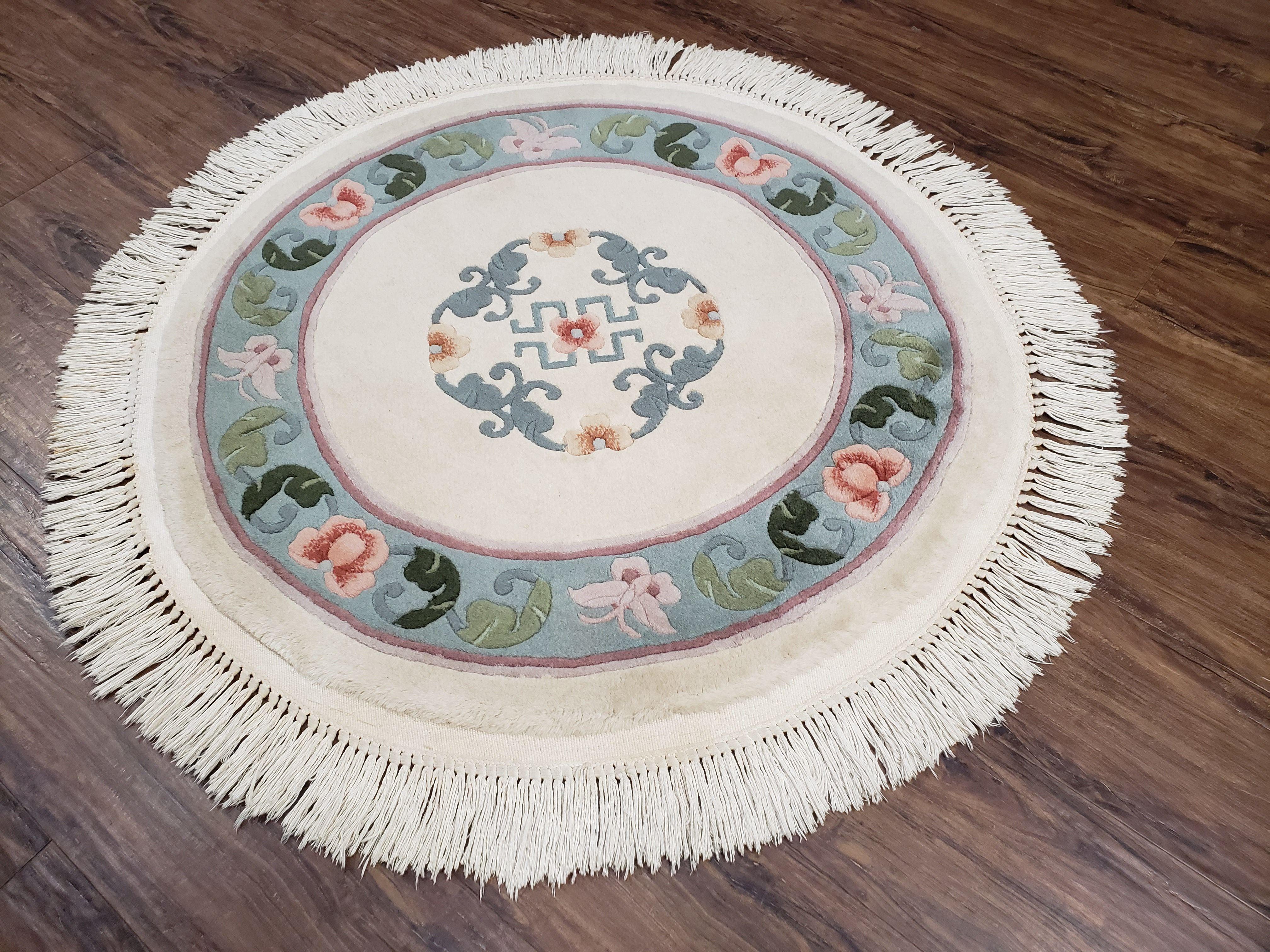 3' 2" Round Chinese Handmade Art Deco Wool Rug Ivory Teal - Jewel Rugs