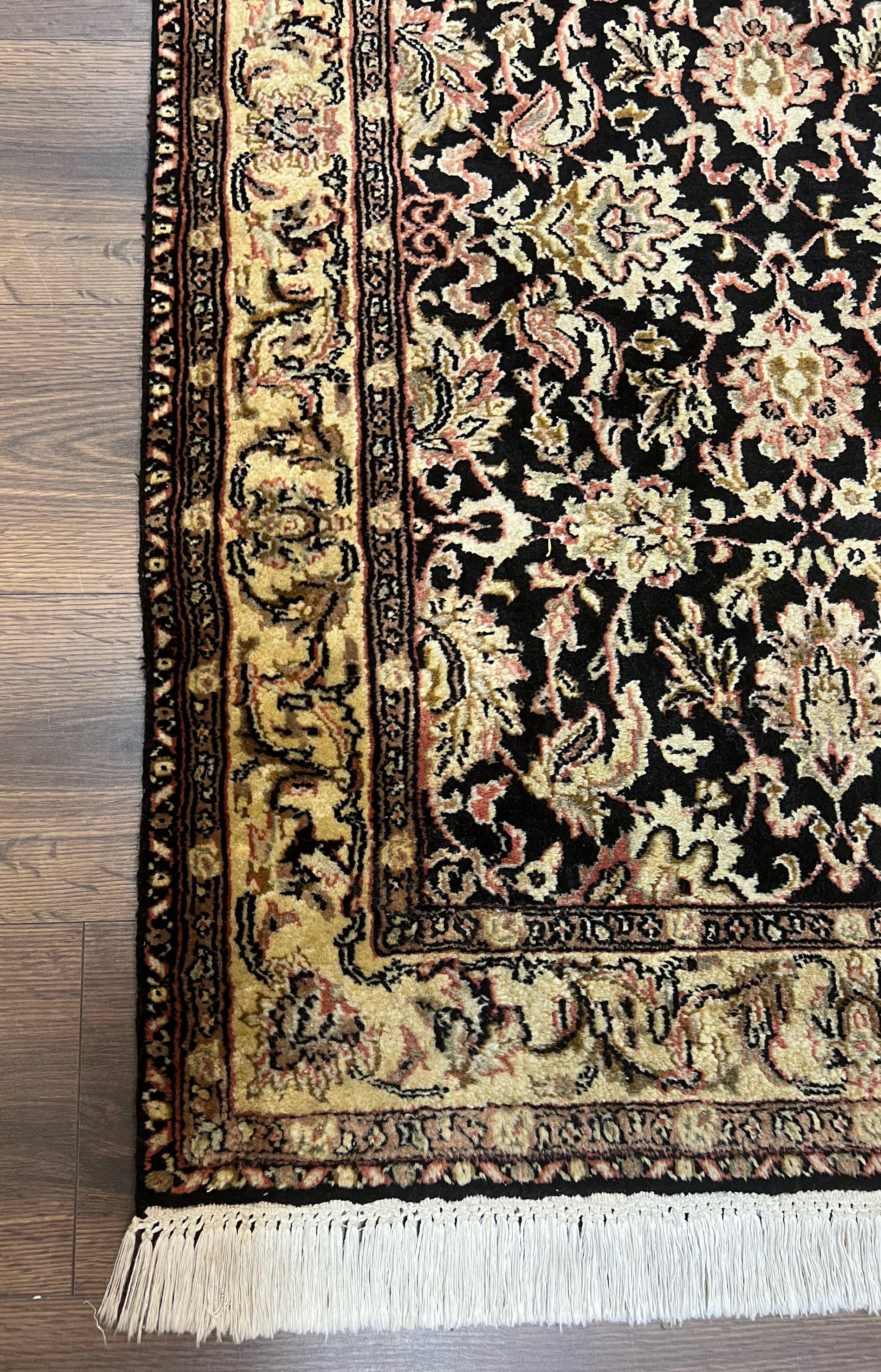 Indo Persian Runner Rug 2.8 x 8, Hand Knotted Wool Oriental Runner, Hallway Rug, Allover Floral, Black and Beige, Vintage Indian Runner - Jewel Rugs