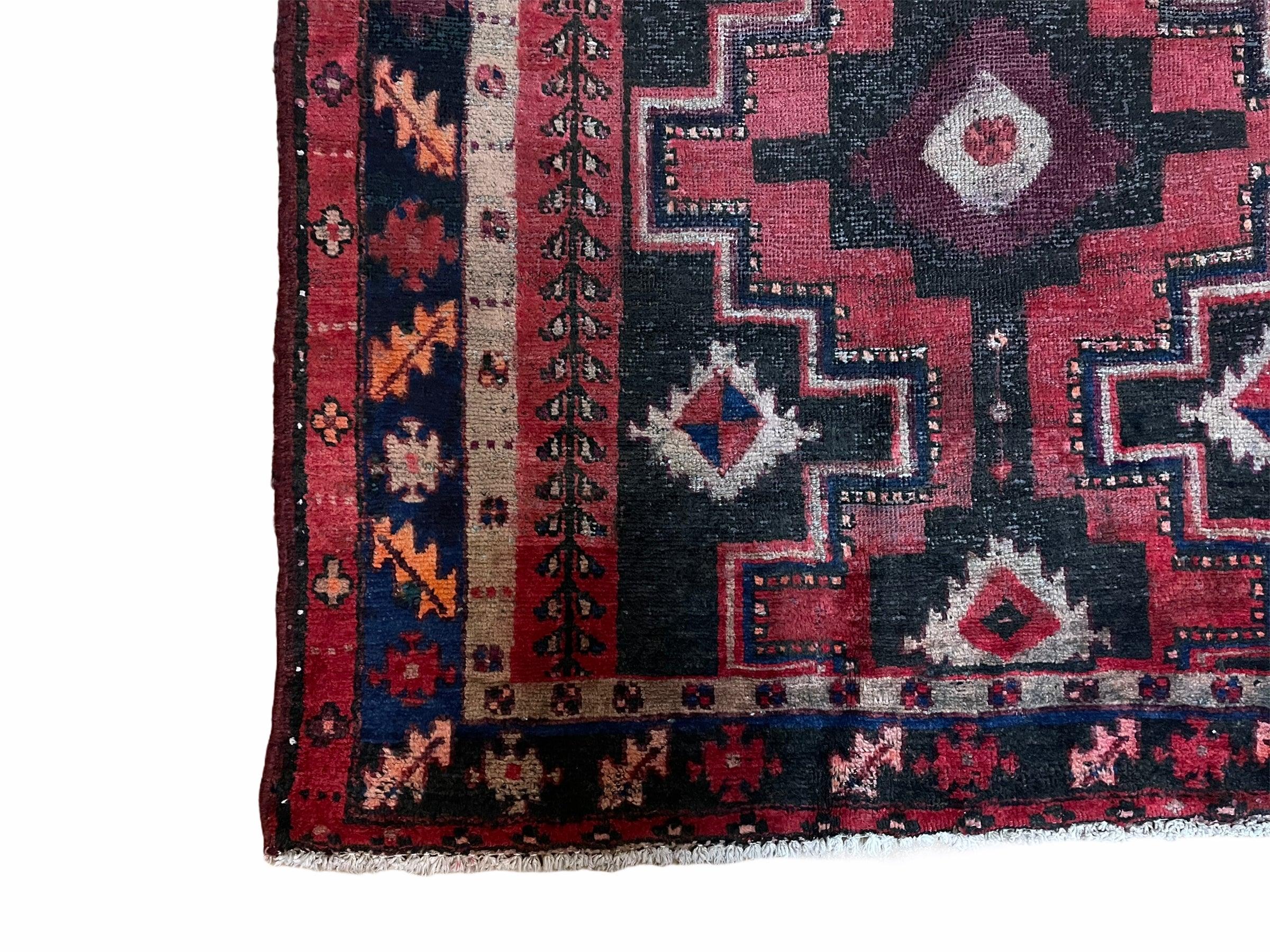 4 X 7 Antique Handmade Wool Tribal Rug Geometric Bold Organic Dyes Black Red - Jewel Rugs