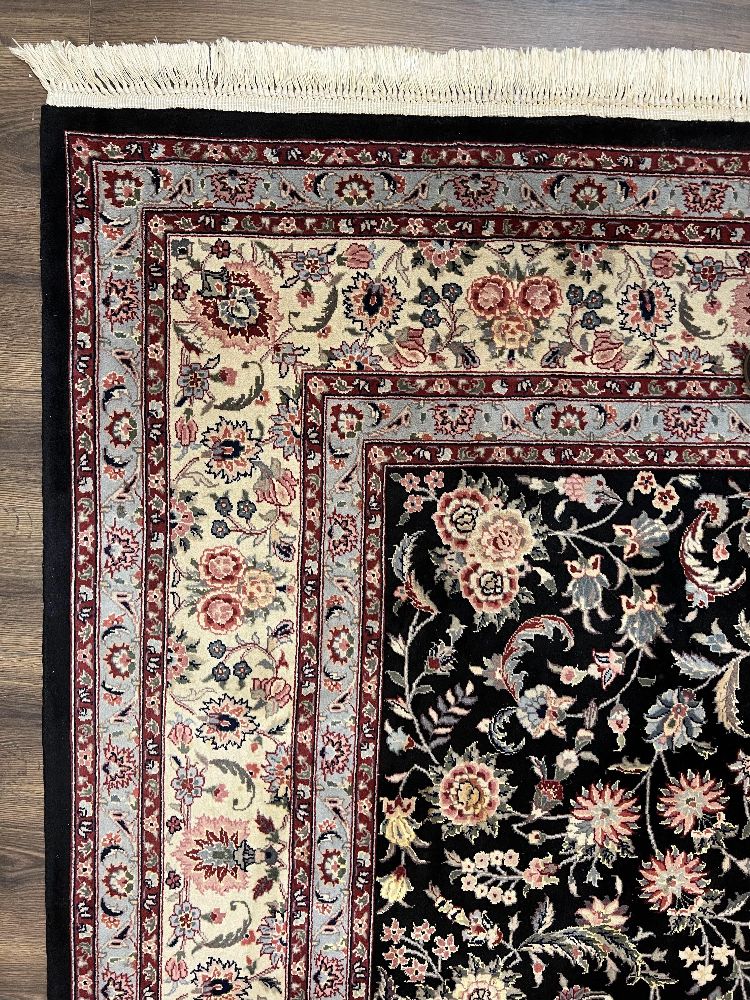 Pak Persian Rug 9x12, Floral Allover, Hand Knotted Oriental Carpet 9 x 12 ft, Black and Cream, Detailed, Wool with Silk Highlights, Vintage - Jewel Rugs