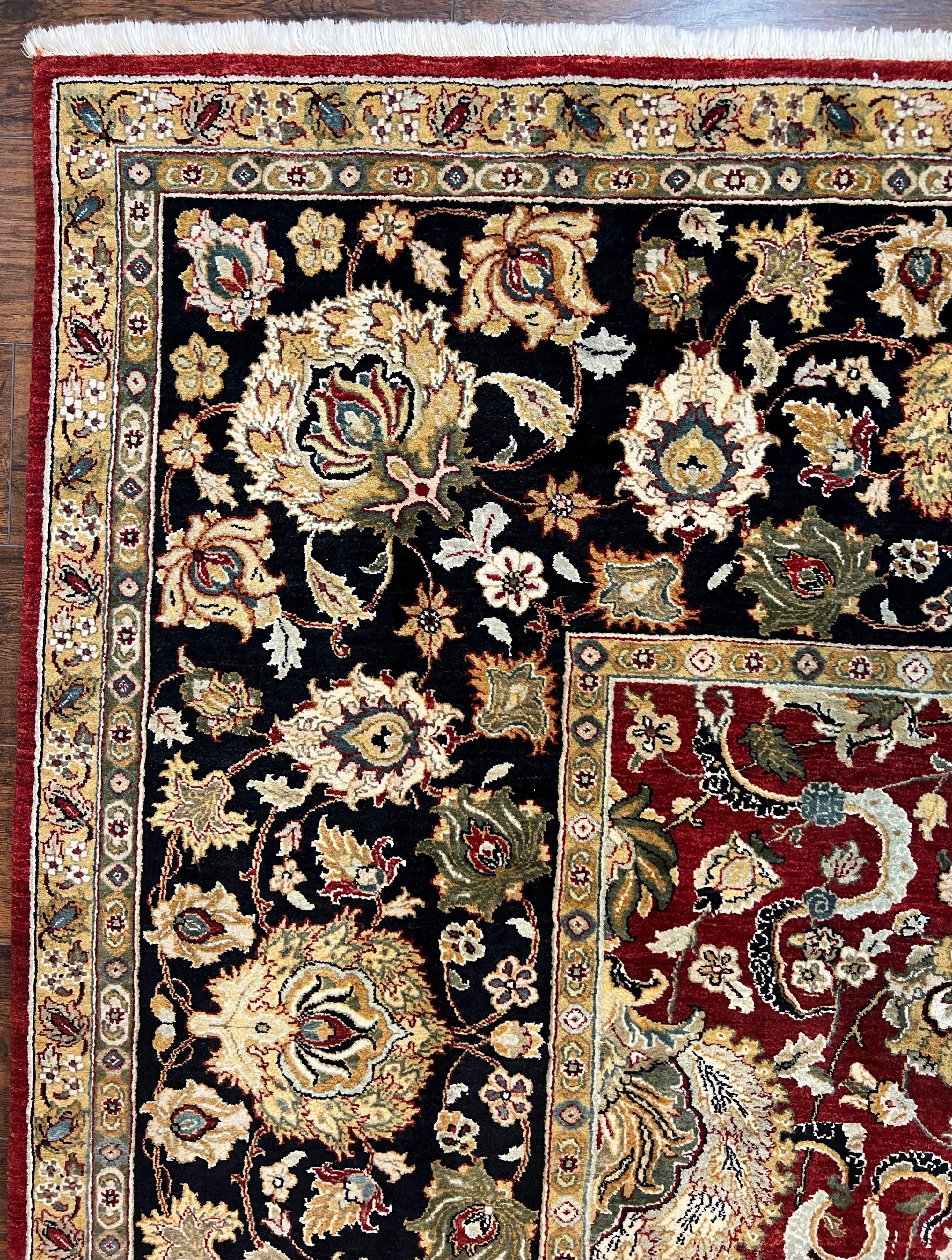 Indo Persian Rug 10x14, Large Oriental Carpet 10 x 14 ft, Dark Red Black Gold Floral Allover Rug, Traditional Room Sized Handmade Wool Rug - Jewel Rugs