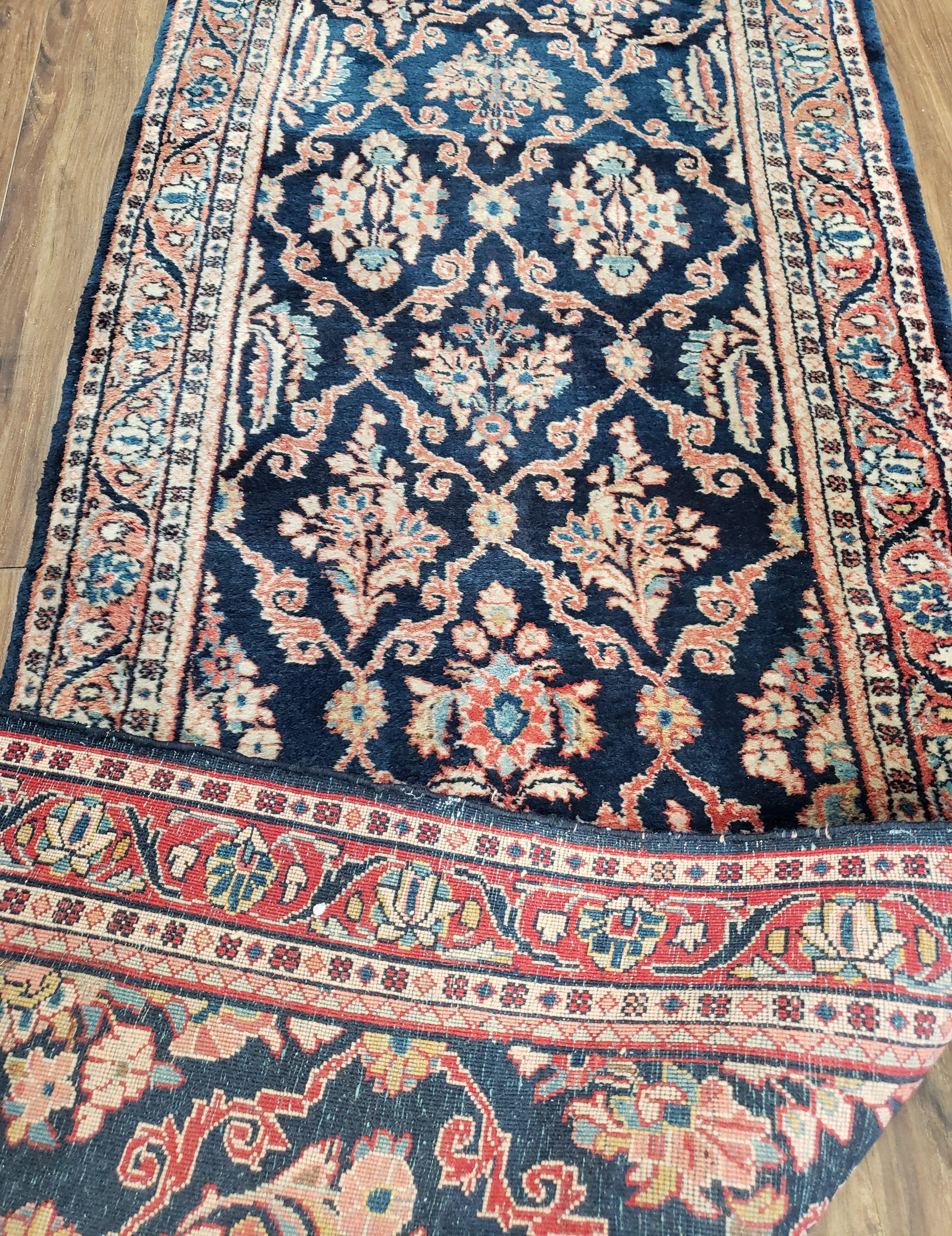 Antique Dark Blue Persian Sarouk Runner, Hand-knotted, Wool, 2'4" x 9' 3" - Jewel Rugs