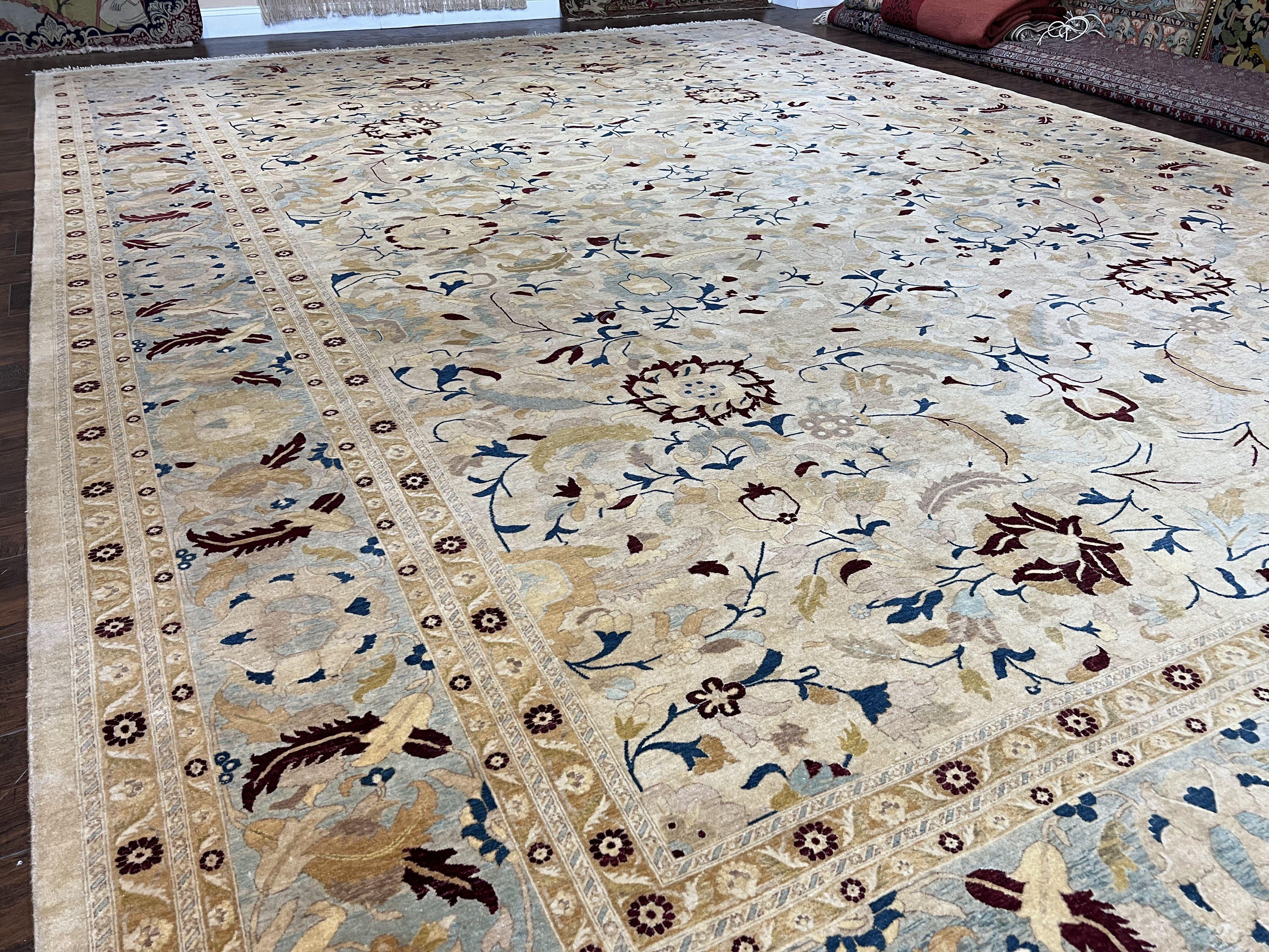 Beautiful Oversized Indian Oriental Rug 12x17 Palace Sized Handmade Wool Carpet, Indo Mahal Oushak, Indo Persian Rug, Oatmeal Light Blue Tan - Jewel Rugs