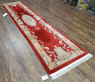 Vintage Chinese Carving Runner Rug 2'4" x 10', Wool Hand-Knotted Red & Beige Asian Art Deco Oriental Carpet, 10ft Soft Hallway Runner Rug - Jewel Rugs