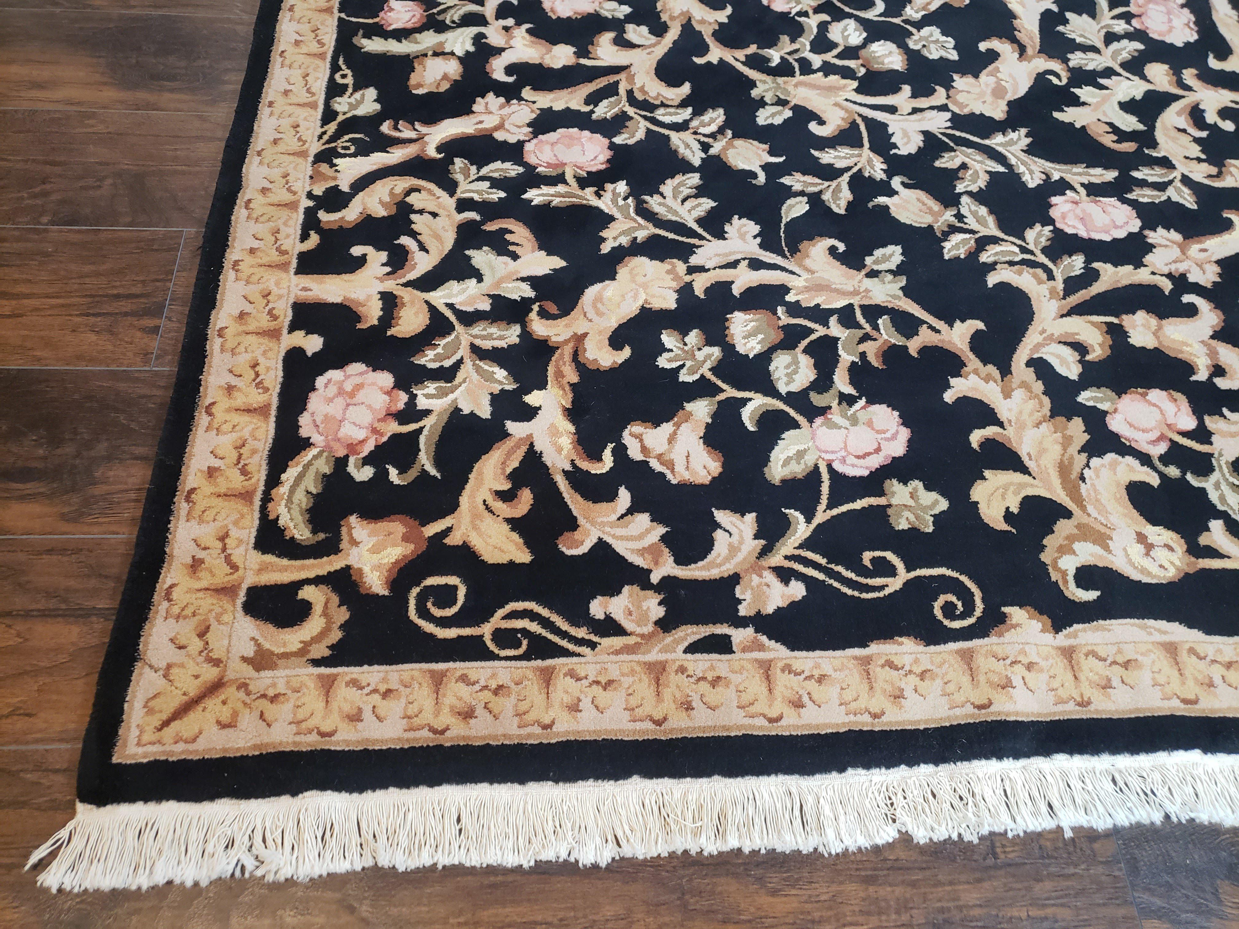 Chinese Aubusson Rug 8.8 x 11, Black Cream Gold, Allover Floral Pattern, Vintage Wool Pile Rug, Traditional European Design, Handmade Carpet - Jewel Rugs