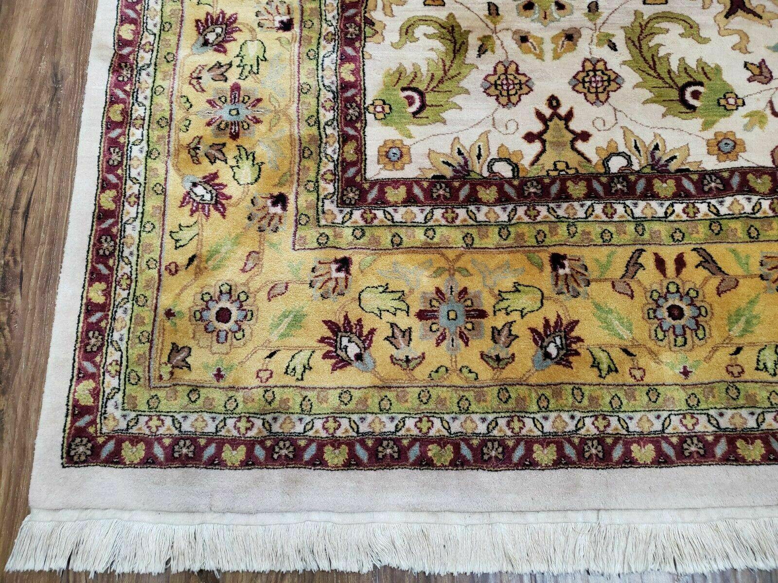 10' X 13' Vintage Hand-Knotted Made India Agra Wool Rug Vegetable Dye Ivory Gold - Jewel Rugs