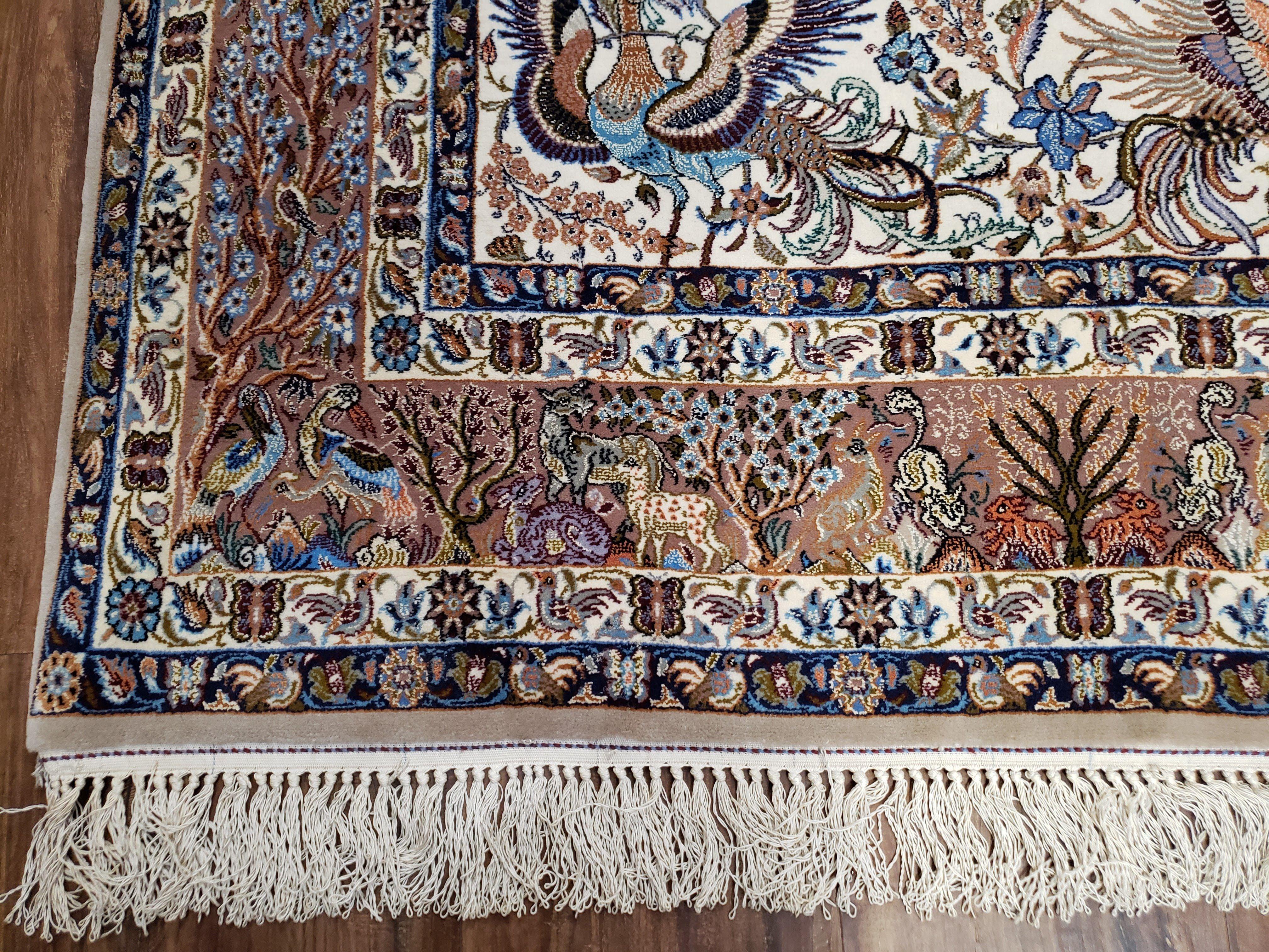 Persian Isfahan Rug, Animal Pictorials, Fine & Highly Detailed, Kork Wool on Silk Foundation, Hand-Knotted, Ivory, 3'7" x 5'6" - Jewel Rugs