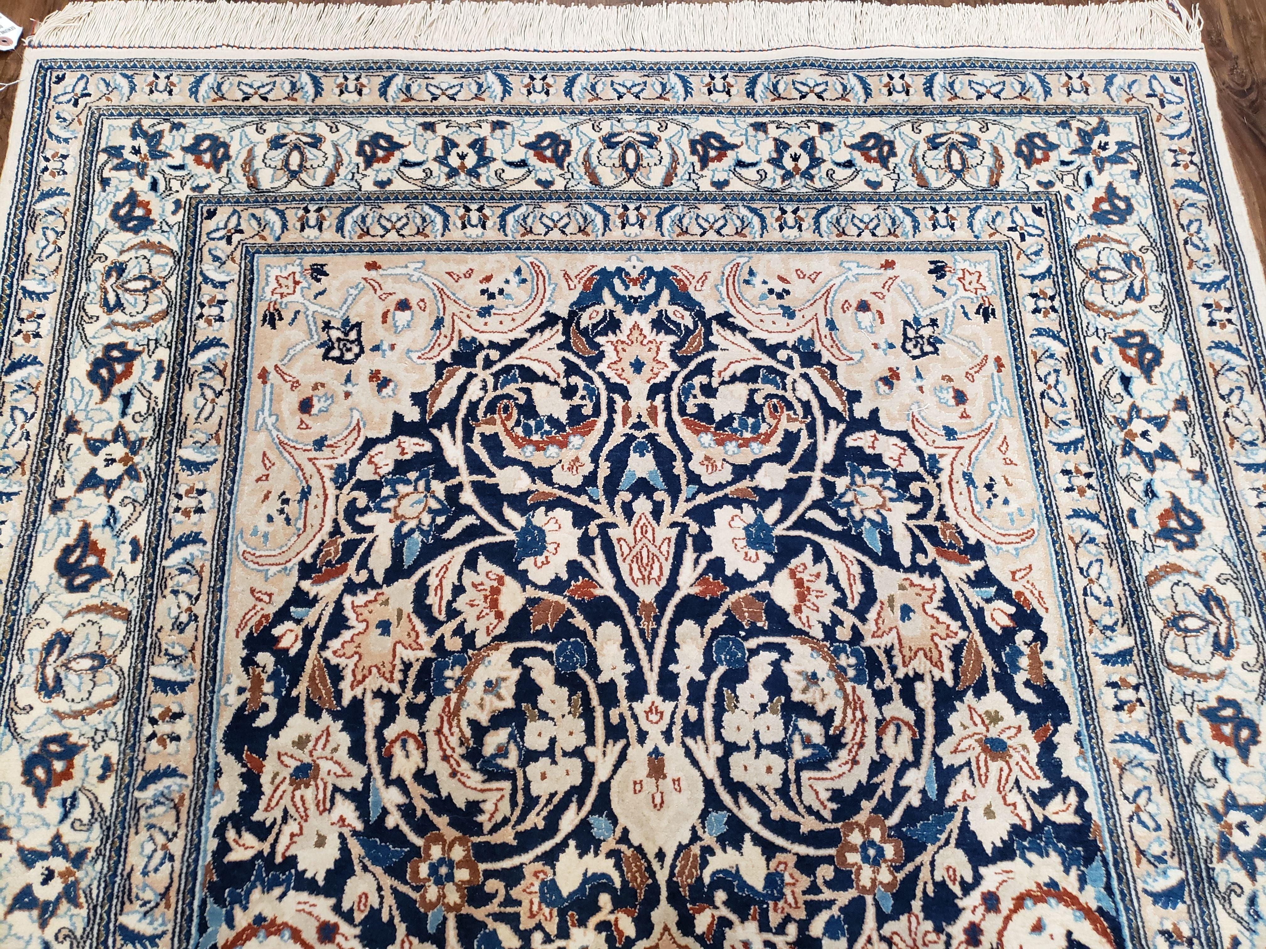 Semi Antique Fine Persian Nain Rug, Ivory & Blue, Wool with Silk Accents, 3'9" x 6'2" - Jewel Rugs