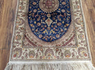 Small Silk Turkish Kayseri Rug 2'4" x 4', Fine Oriental Carpet, Vintage Traditional Floral Medallion Silk Rug, Hand-Knotted Navy Blue Beige - Jewel Rugs