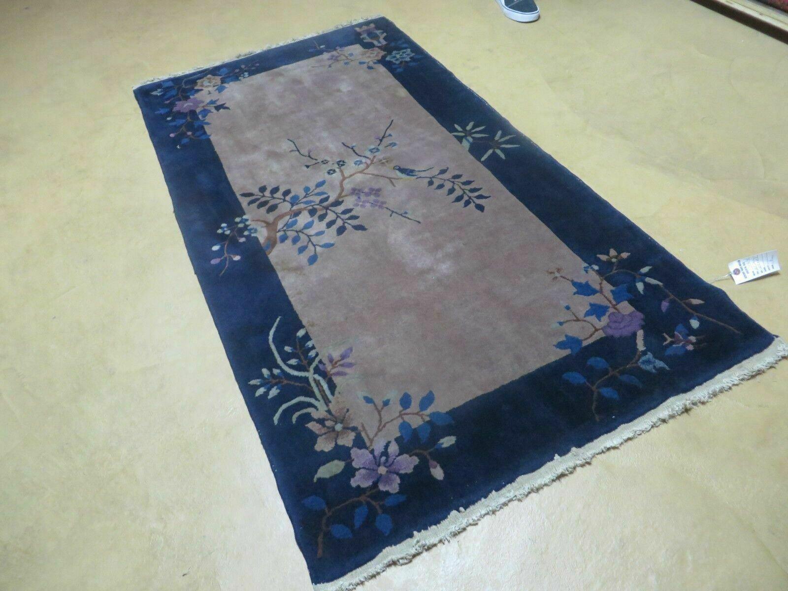 3' X 6' Antique Handmade Chinese Peking Art Deco Wool Blue & Gray Rug with Flowers - Jewel Rugs