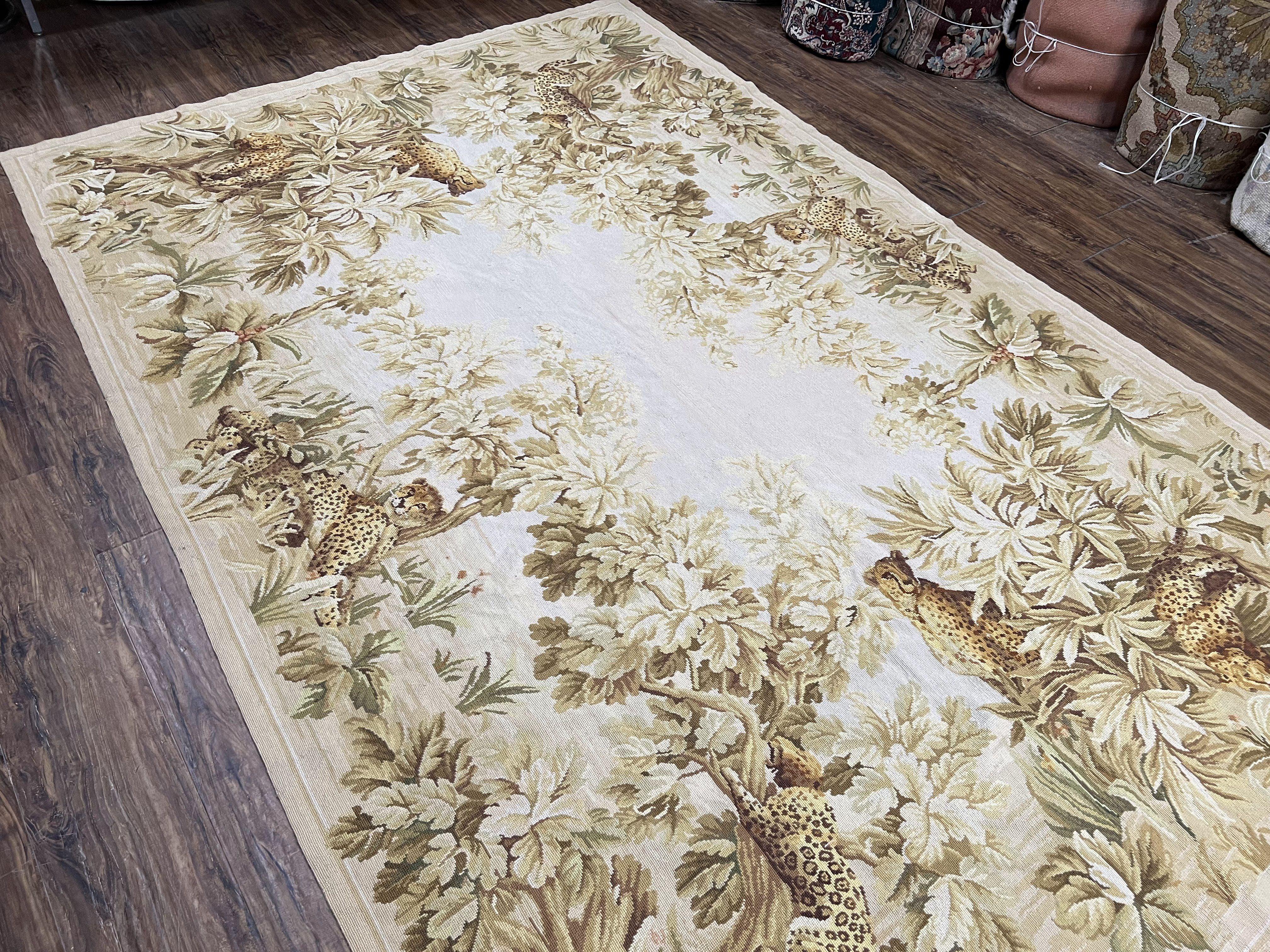 Aubusson Rug 6x9 French Aubusson Carpet, Flatweave Rug, Leopards and Flowers, Elegant Carpet, European Design, Wool Handwoven, Ivory Beige - Jewel Rugs