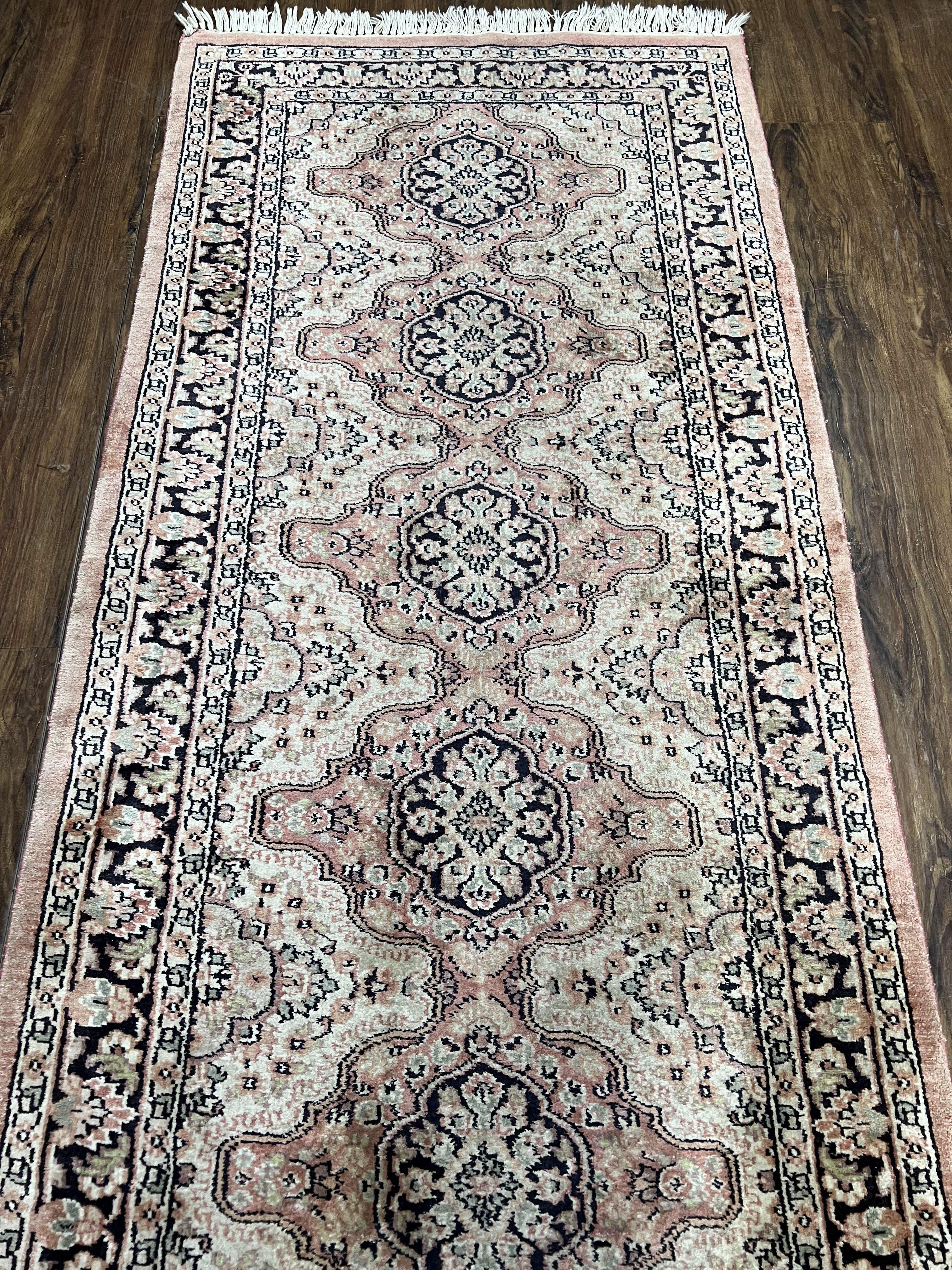 Silk Kashmiri Runner 2.7 x 10 ft Vintage Rug, Ivory Pastel Pink, Hand-Knotted Vintage Runner, Hallway Carpet, Indian Rug Medallion Runner - Jewel Rugs