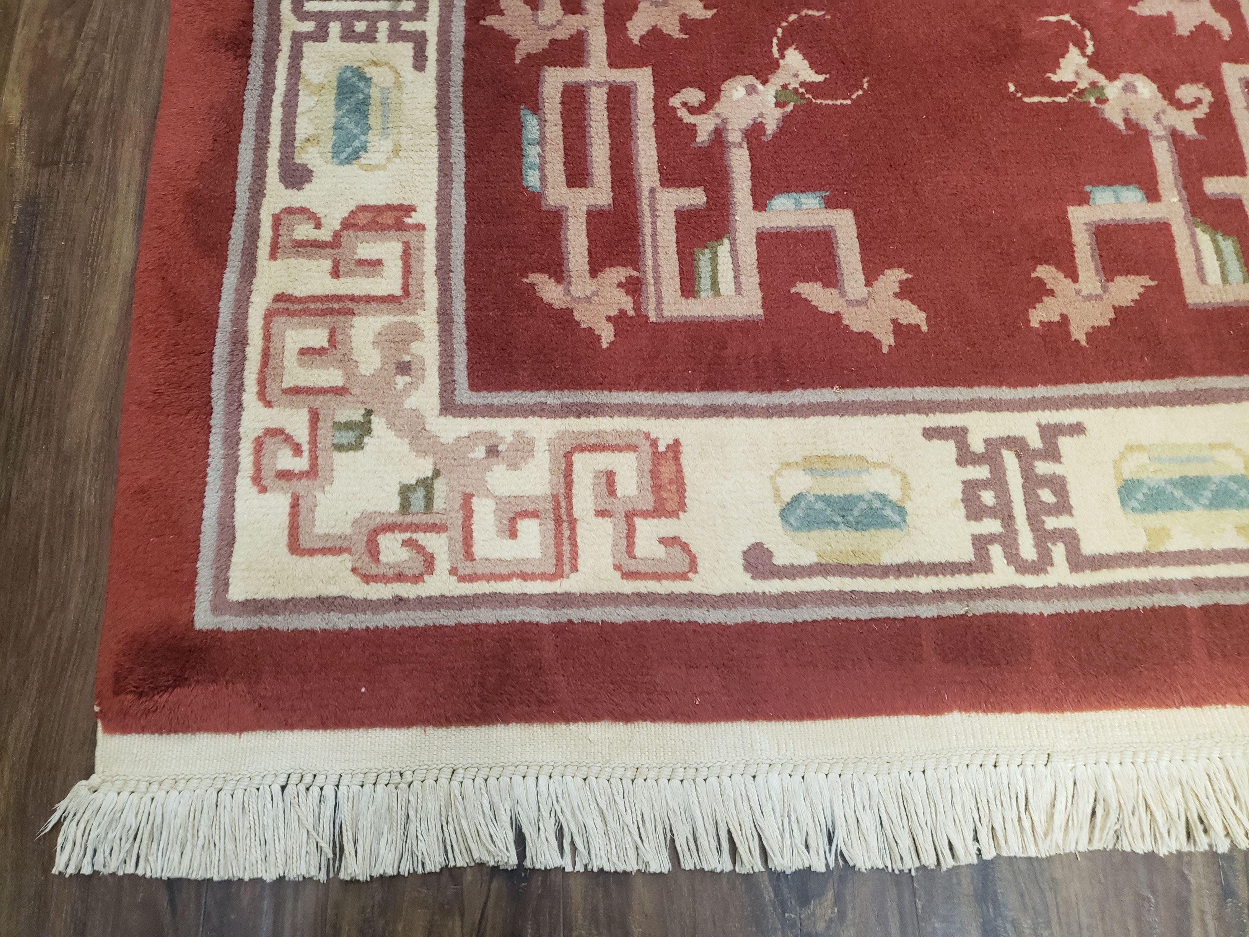 Vintage Chinese Area Rug 4x6, Hand-Knotted, Dark Red & Beige Chinese Asian Oriental Carpet, 3'6" x 5'7", Chinese Vases - Jewel Rugs