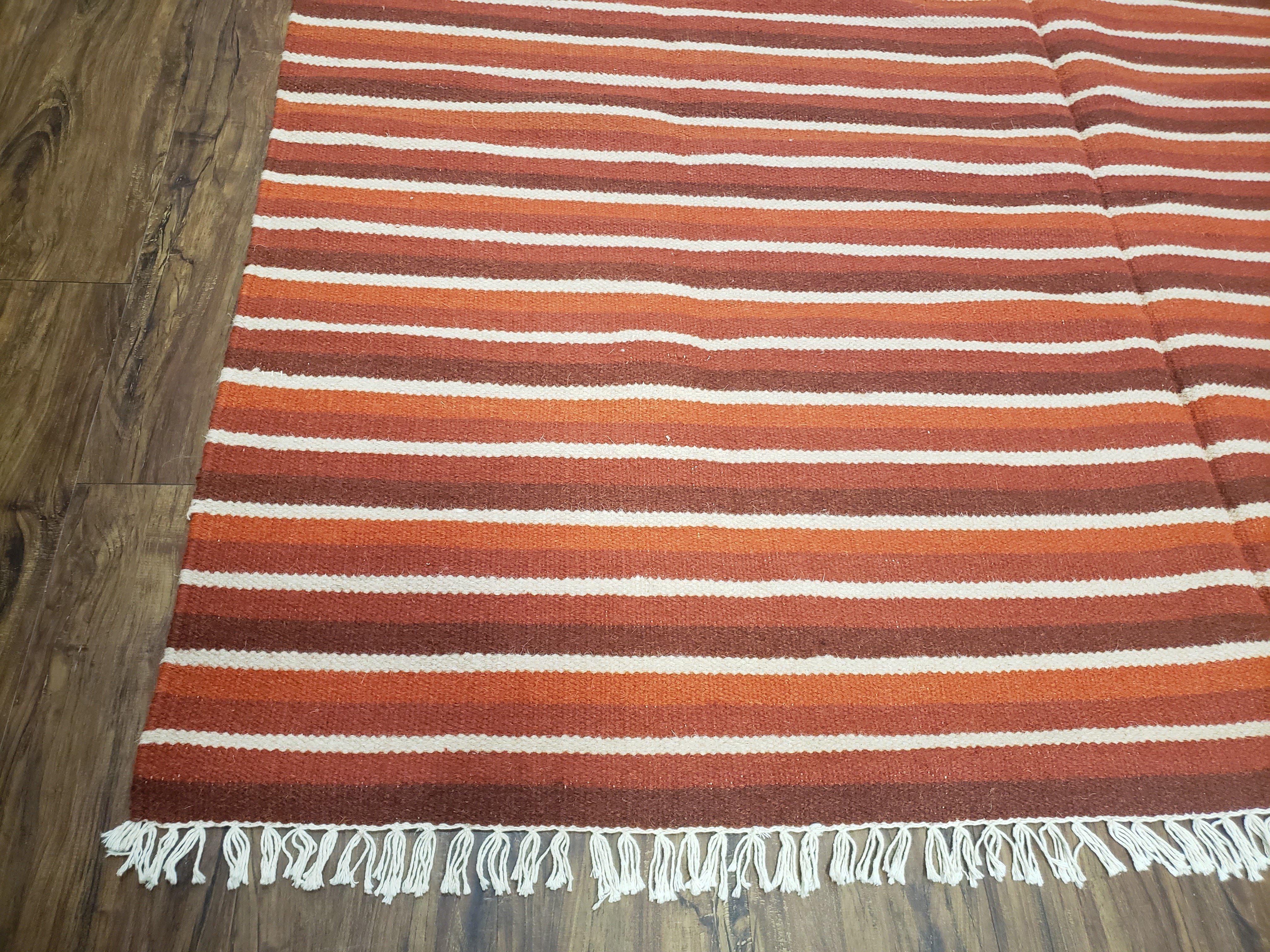 Large Striped Woolen Handmade Throw Blanket, Twin Size Bedding Hand-Woven, Indian Kilim Area Rug, 6x8 - 7x8, South American Style Textile - Jewel Rugs