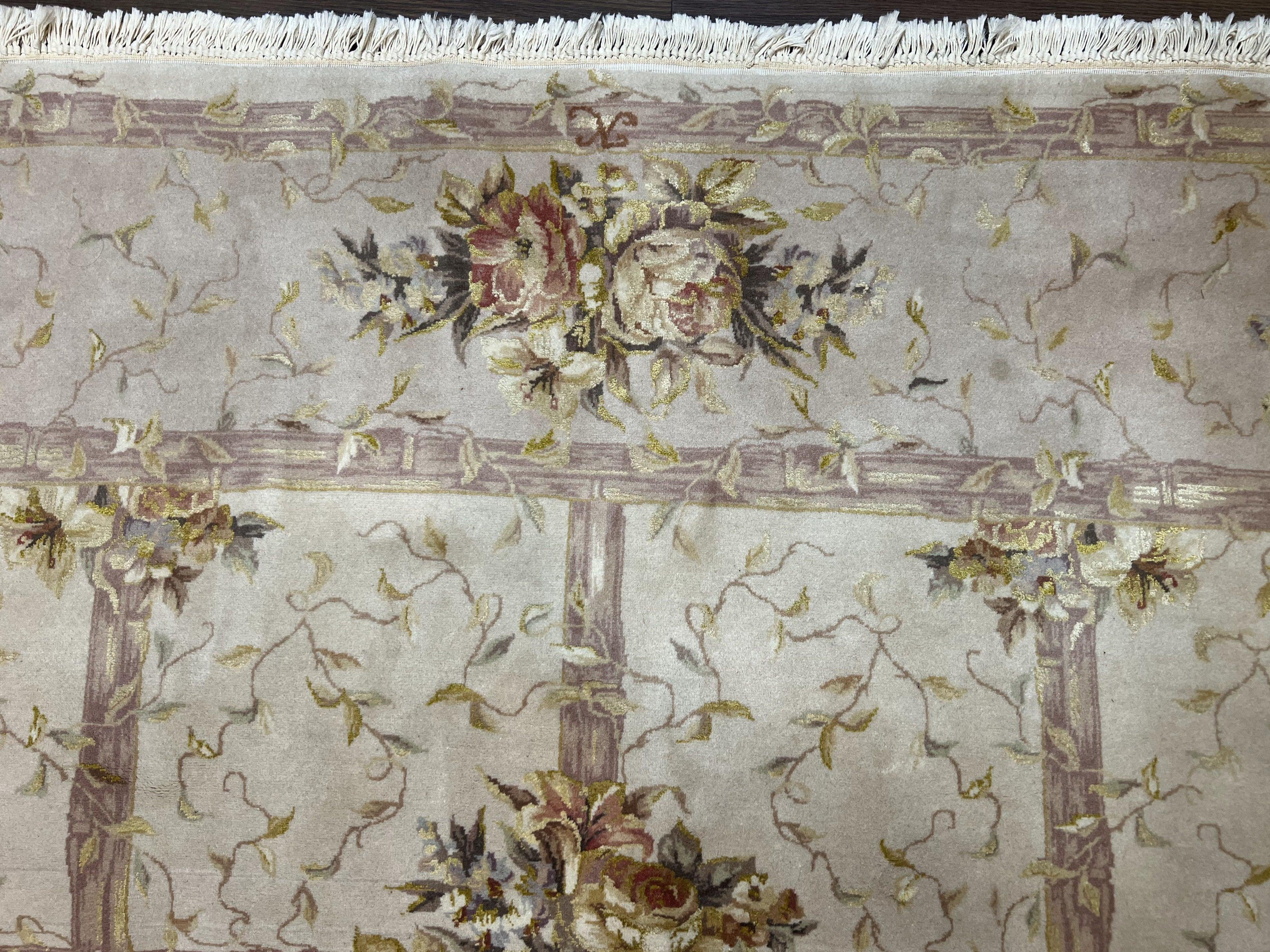 Aubusson Rug 8x10 ft, Wool with Silk Highlights, Piled Aubusson Carpet, Cream-Beige, Hand Knotted Vintage Very Fine Rug, French European Rug - Jewel Rugs