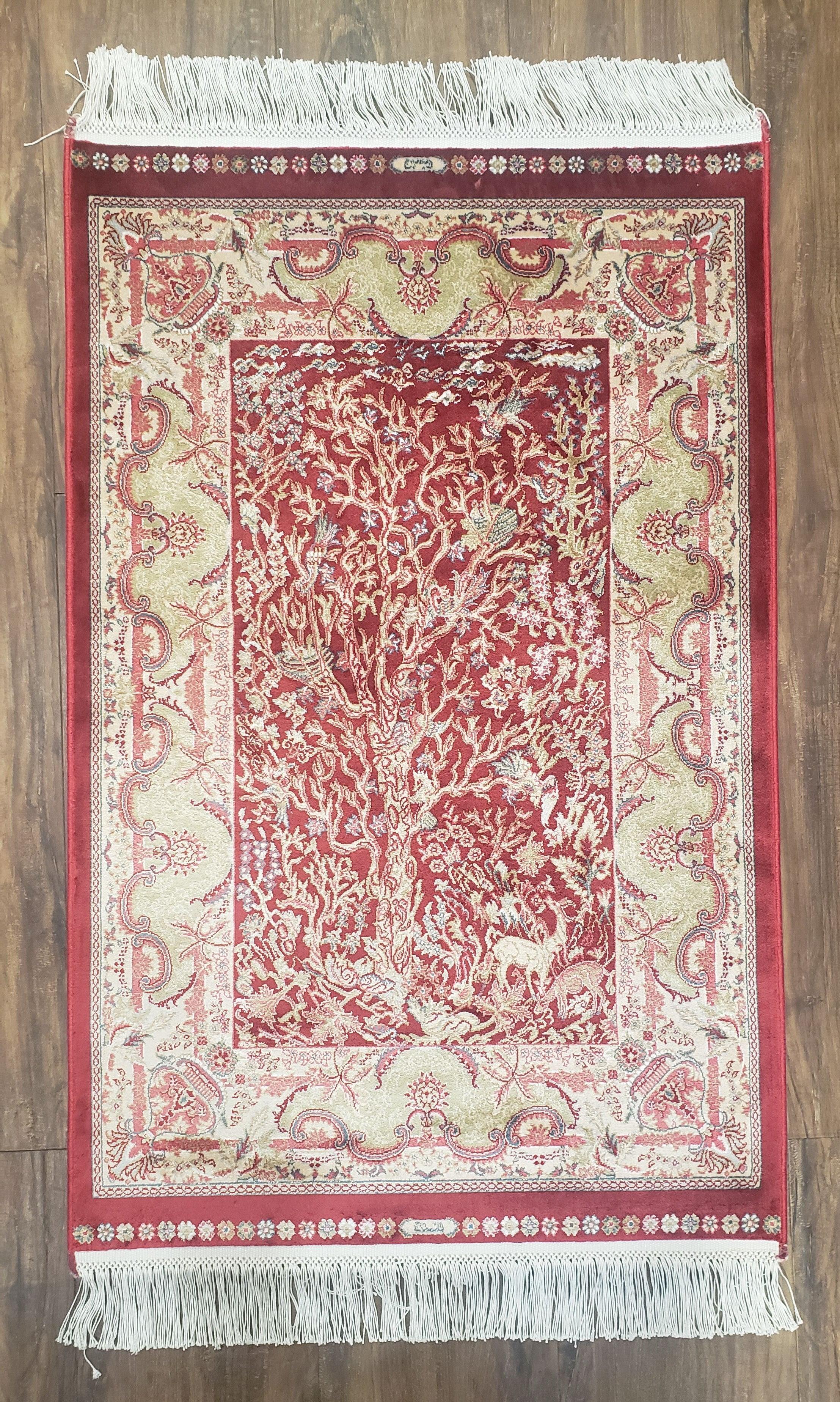 Silk Tree of Life Rug, Small Red & Beige Silk Carpet, Deer, Animal Motifs, Wall Hanging Rug, Super Fine, Bamboo Silk, 2.8x4 ft Rug - Jewel Rugs