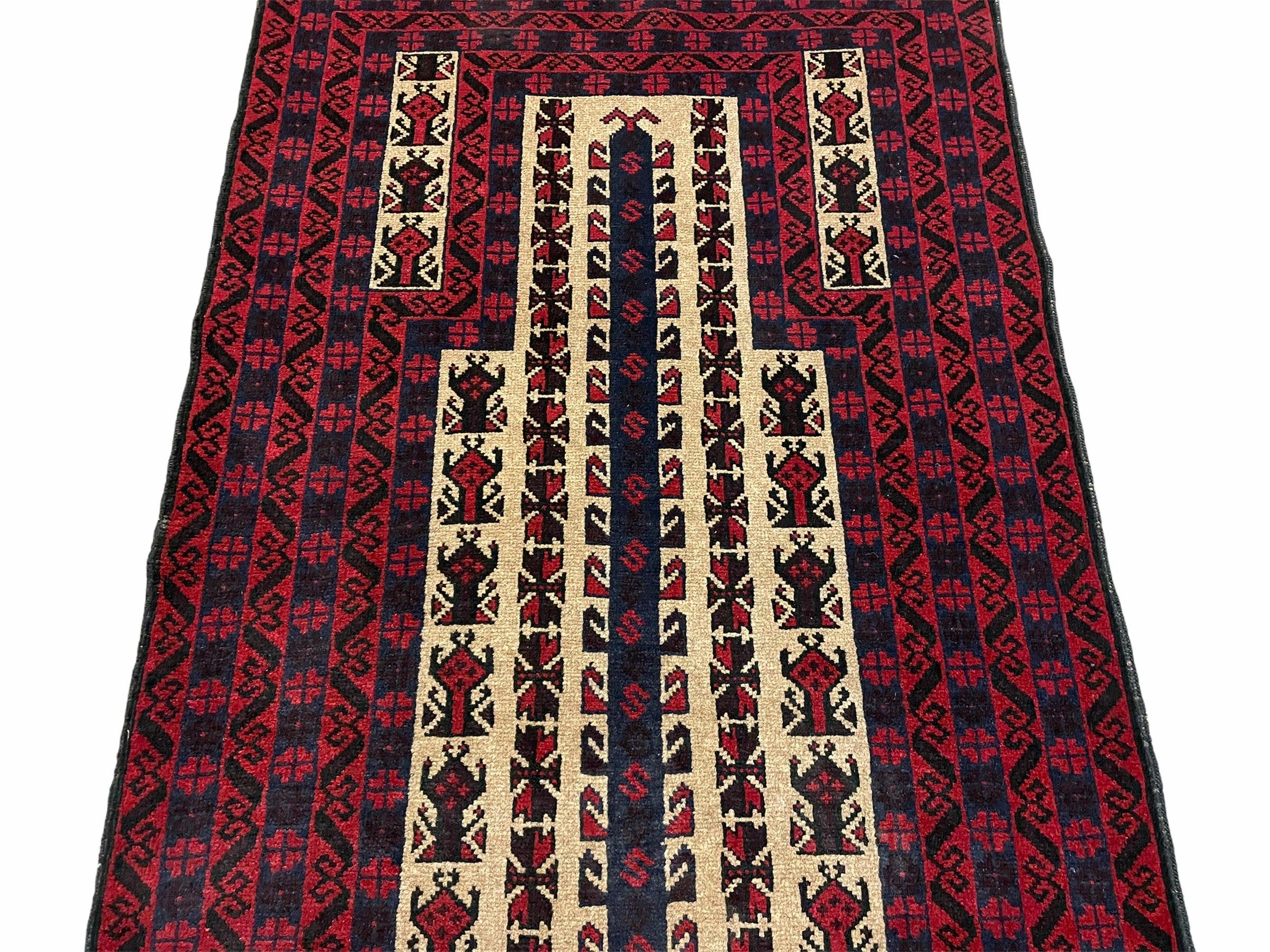 3x5 New Handmade Tribal Rug Afghan Rug Prayer Rug Balouch Wool Rug Red Black Tan - Jewel Rugs