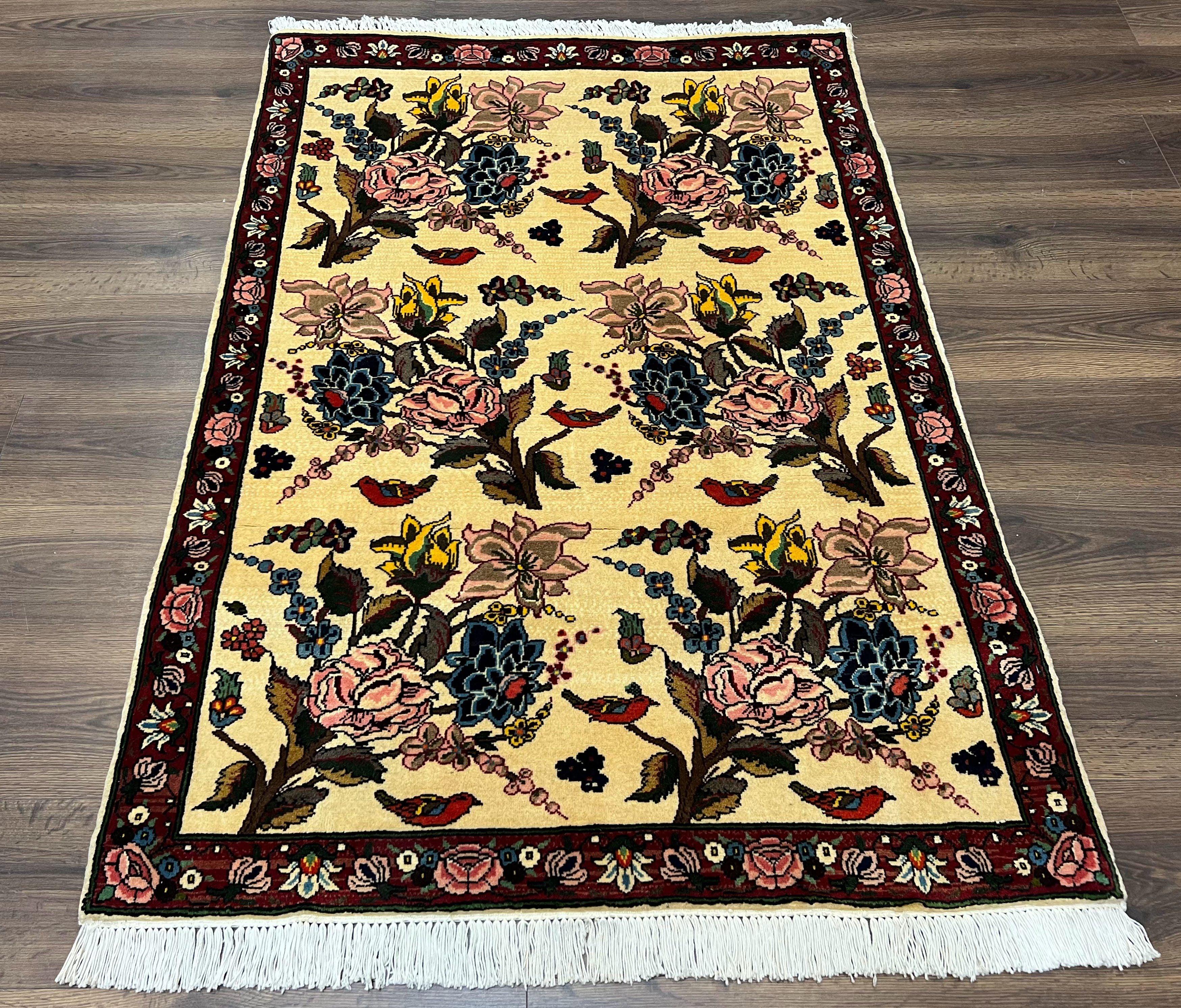 Persian Bidjar Rug 3.6 x 5 ft, Repeated Floral Motifs, Roses and Birds, Cream Burgundy, Fine Wool Oriental Bijar Carpet, Vintage Traditional Area Rug - Jewel Rugs