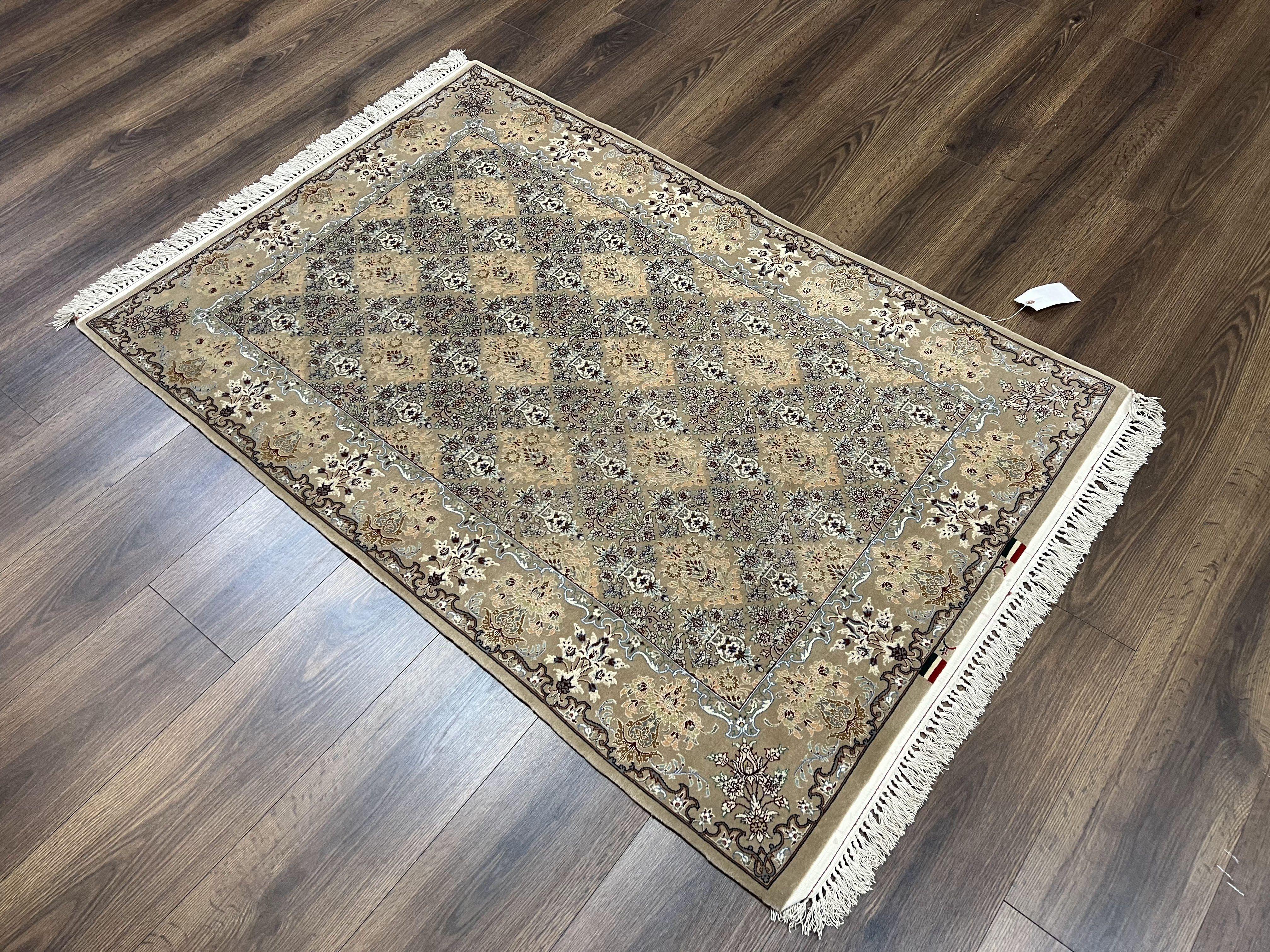 Super Fine Persian Isfahan Rug 3x5 ft, Kork Wool on Silk Foundation, Repeated Floral Motif, Taupe Tan Hand Knotted Oriental Carpet 3 x 5 ft, Signed - Jewel Rugs