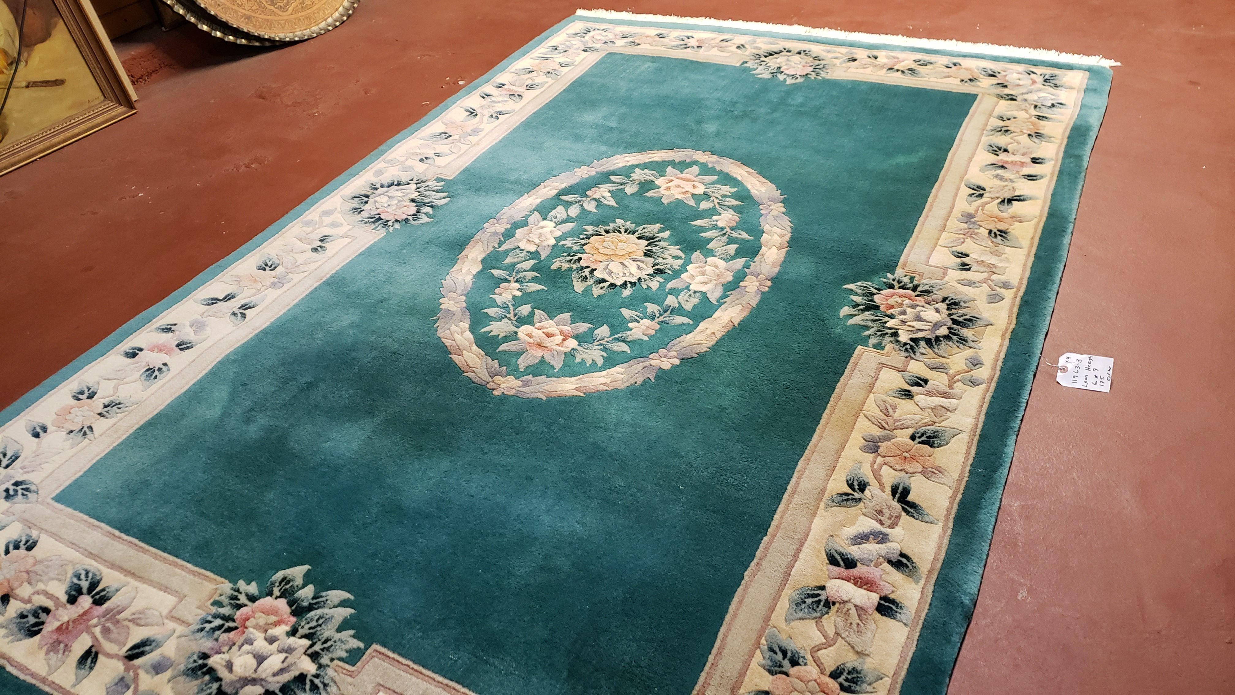 Teal Chinese Rug 6x9, Vintage Chinese Wool Carpet, Aubusson Pattern, Beige Border, Floral Design, Handmade Area Rug, Soft Plush Pile - Jewel Rugs