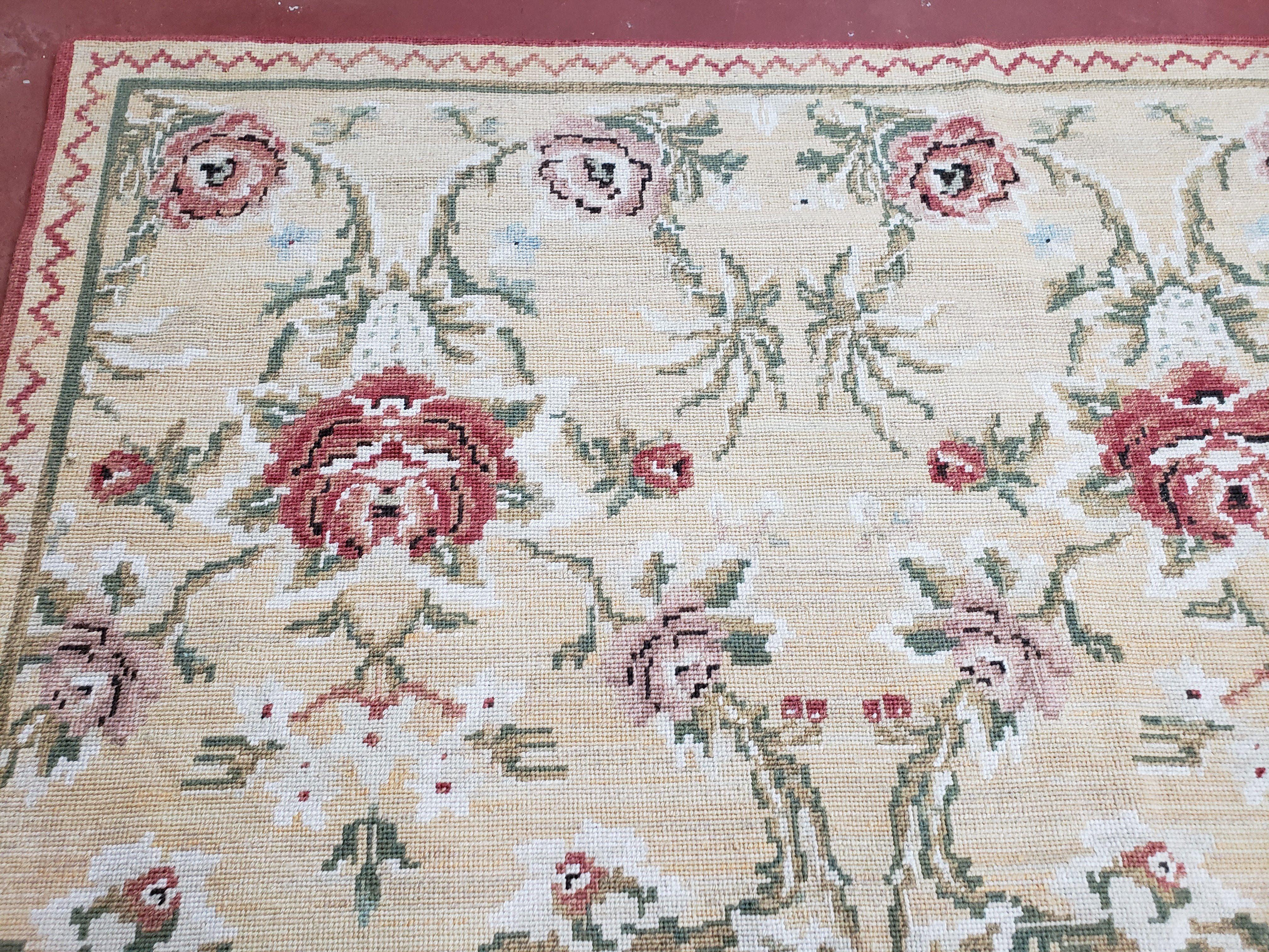 Needlepoint Rug 10x14 Wool Flatweave Carpet, English Floral Pattern, Pale Yellow, Roses, Allover Pattern, Handmade Large Needlepoint Nice - Jewel Rugs