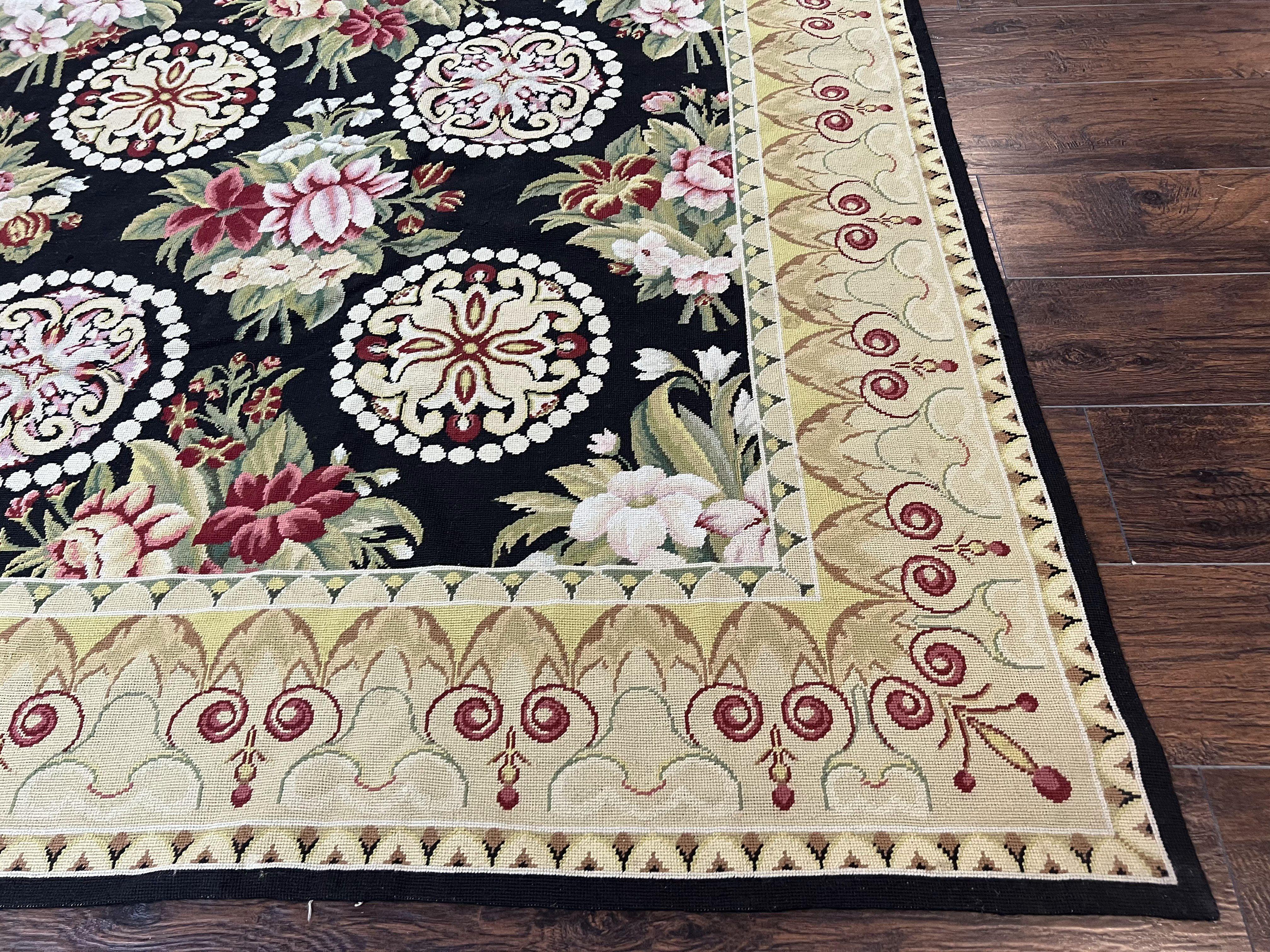 9x12 Black Needlepoint Rug, European Floral Panel Design, Handwoven, Vintage Chinese Needlepoint, Black Green Beige, Wool Rug 9 x 12 - Jewel Rugs