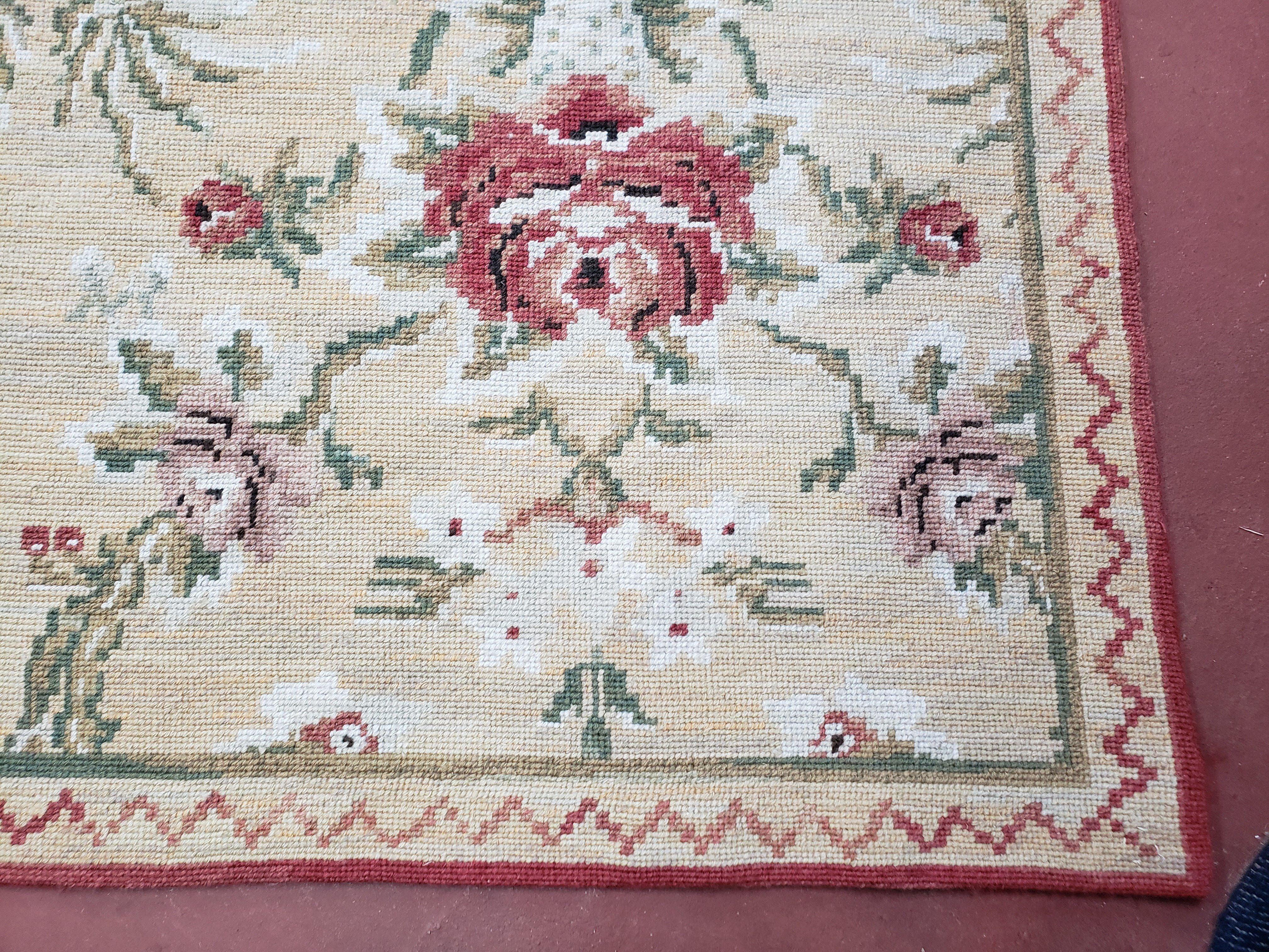 Needlepoint Rug 10x14 Wool Flatweave Carpet, English Floral Pattern, Pale Yellow, Roses, Allover Pattern, Handmade Large Needlepoint Nice - Jewel Rugs